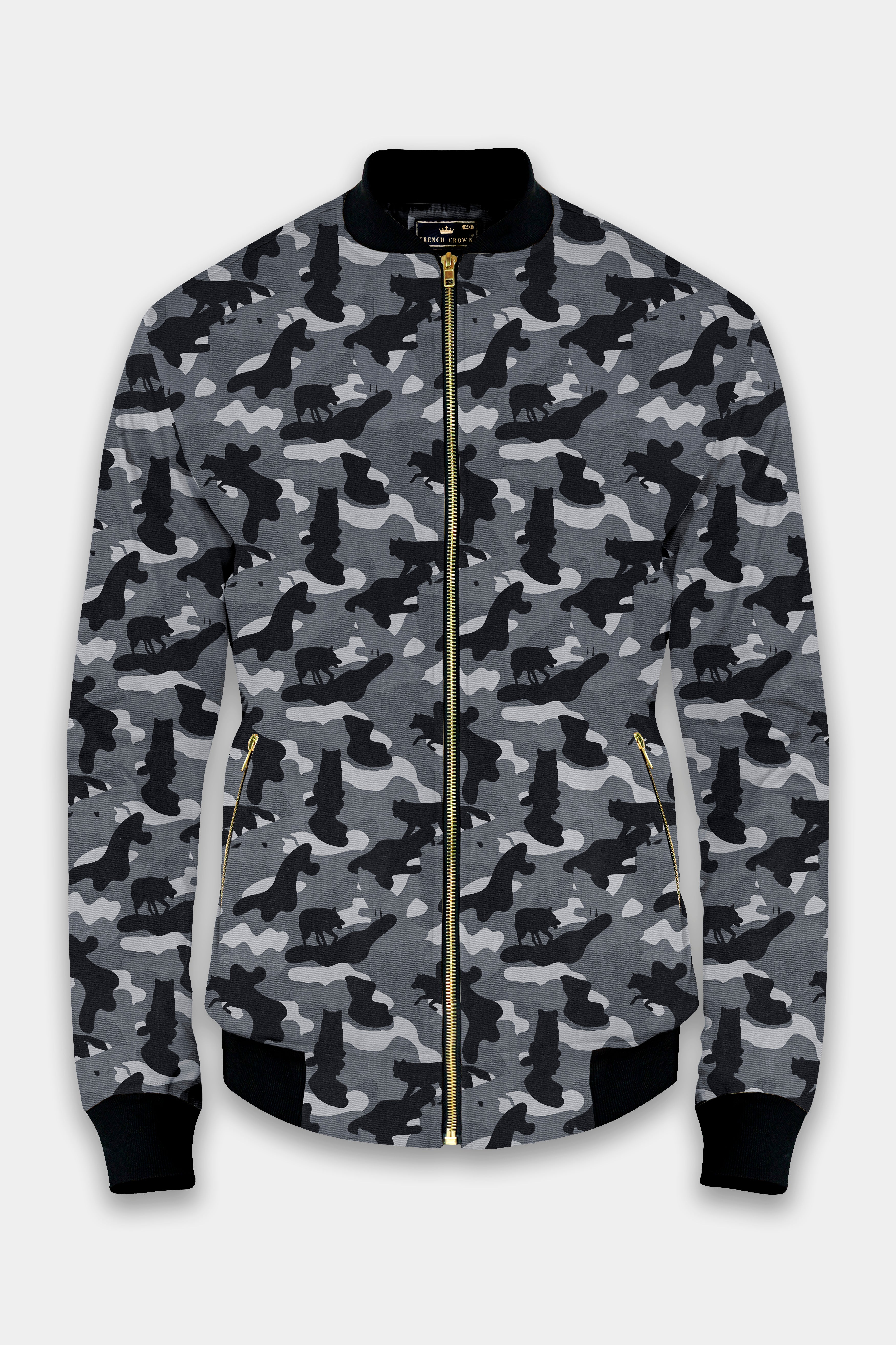 Carbon Gray And Cinder Black Camouflage Printed Premium Cotton Bomber Jacket