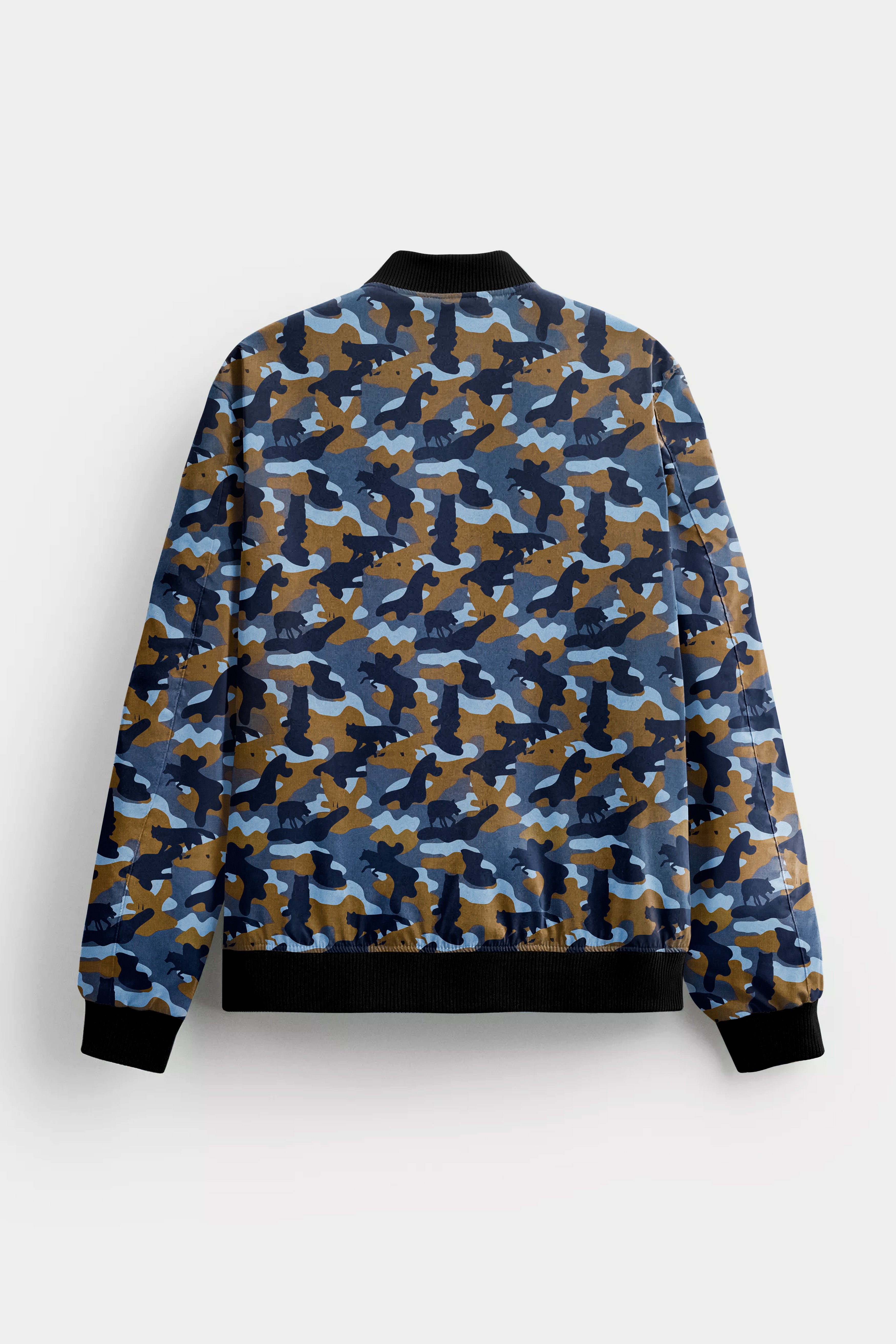 Martinique Blue And Irish Brown Camouflage Printed Premium Cotton Bomber Jacket