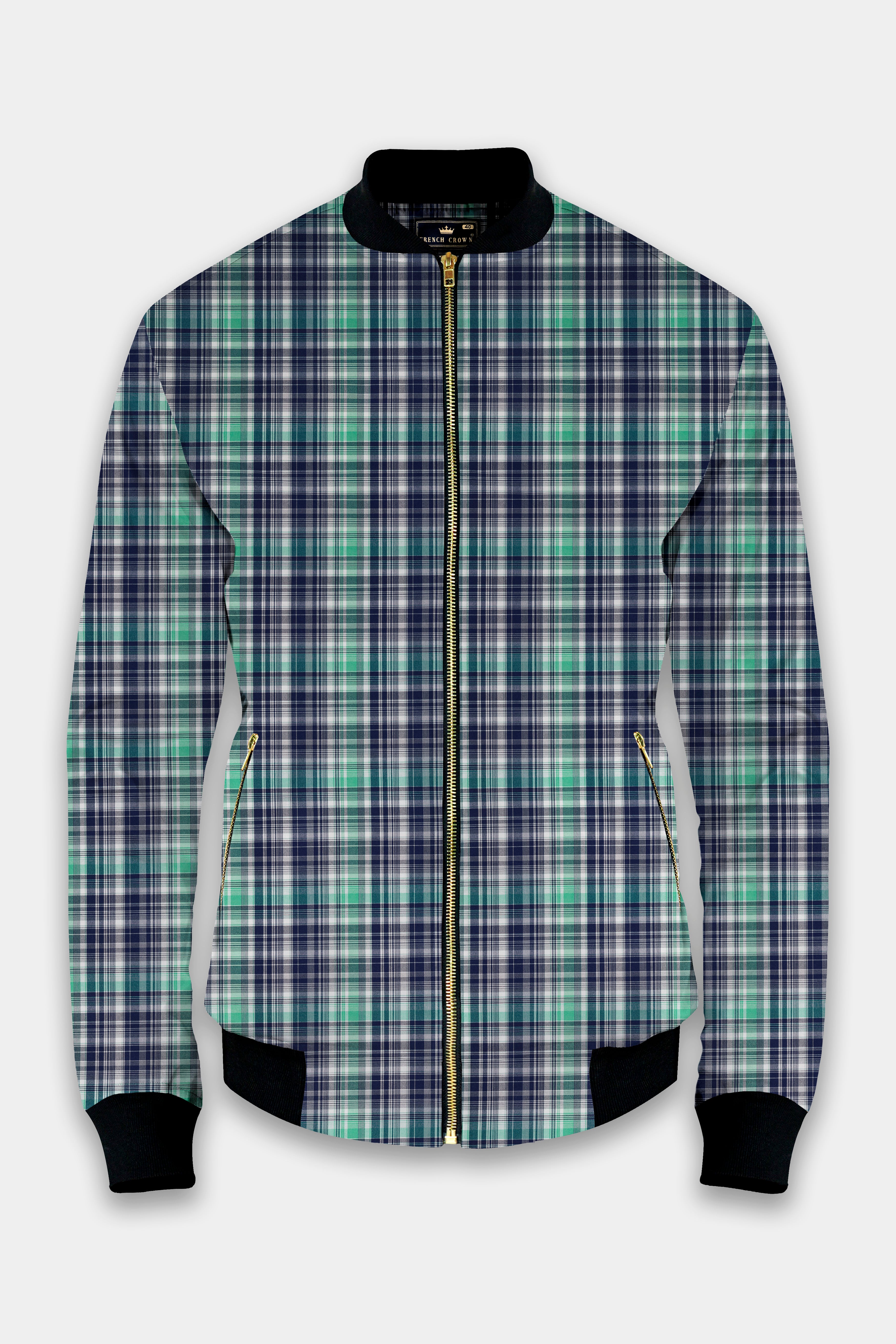 Lochinvar Green And Royal Blue Printed Premium Cotton Bomber Jacket