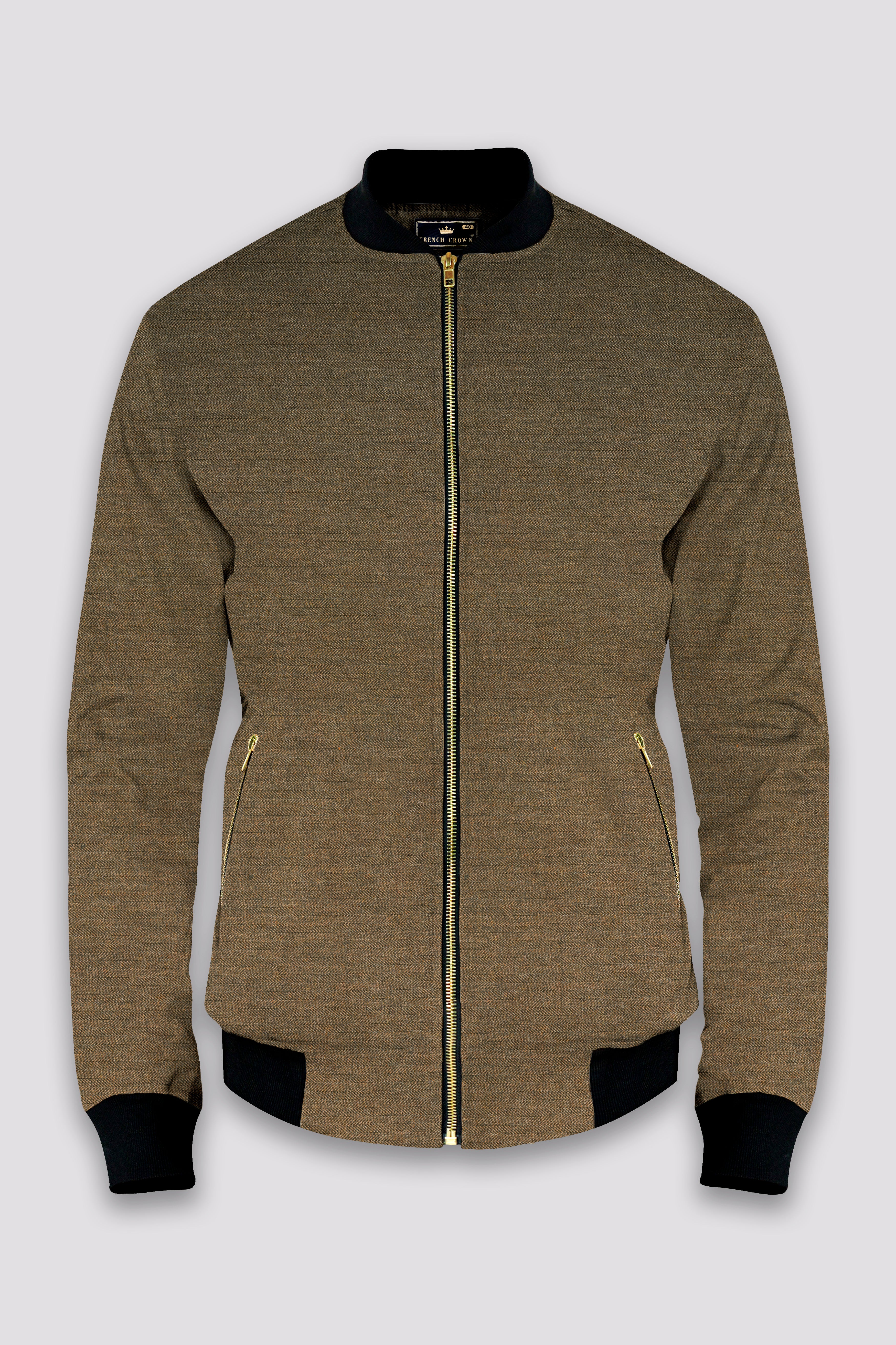 Bronze herringbone Textured Wool Rich Bomber Jacket