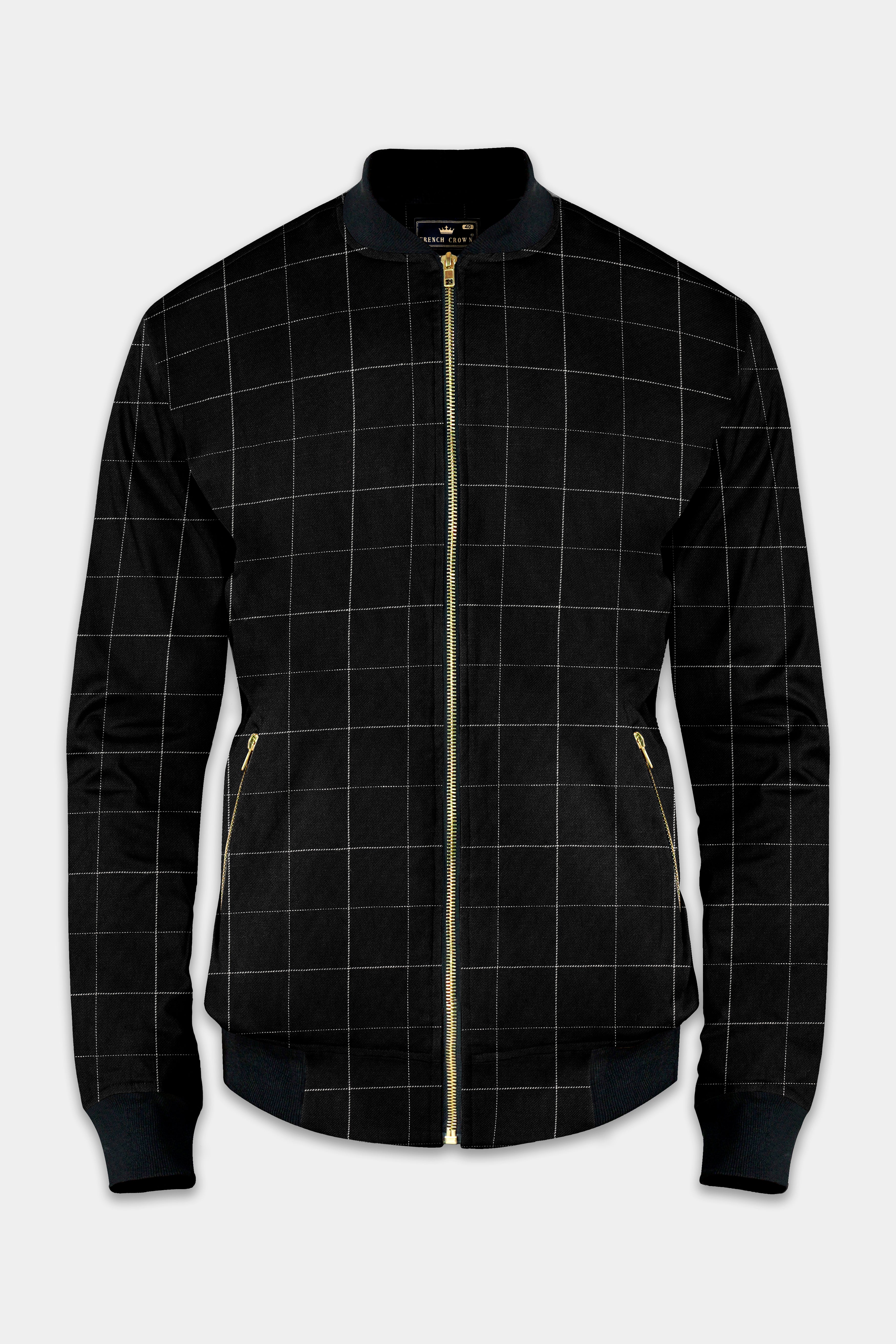 Jade Black Windowpane Twill Premium Bomber Jacket