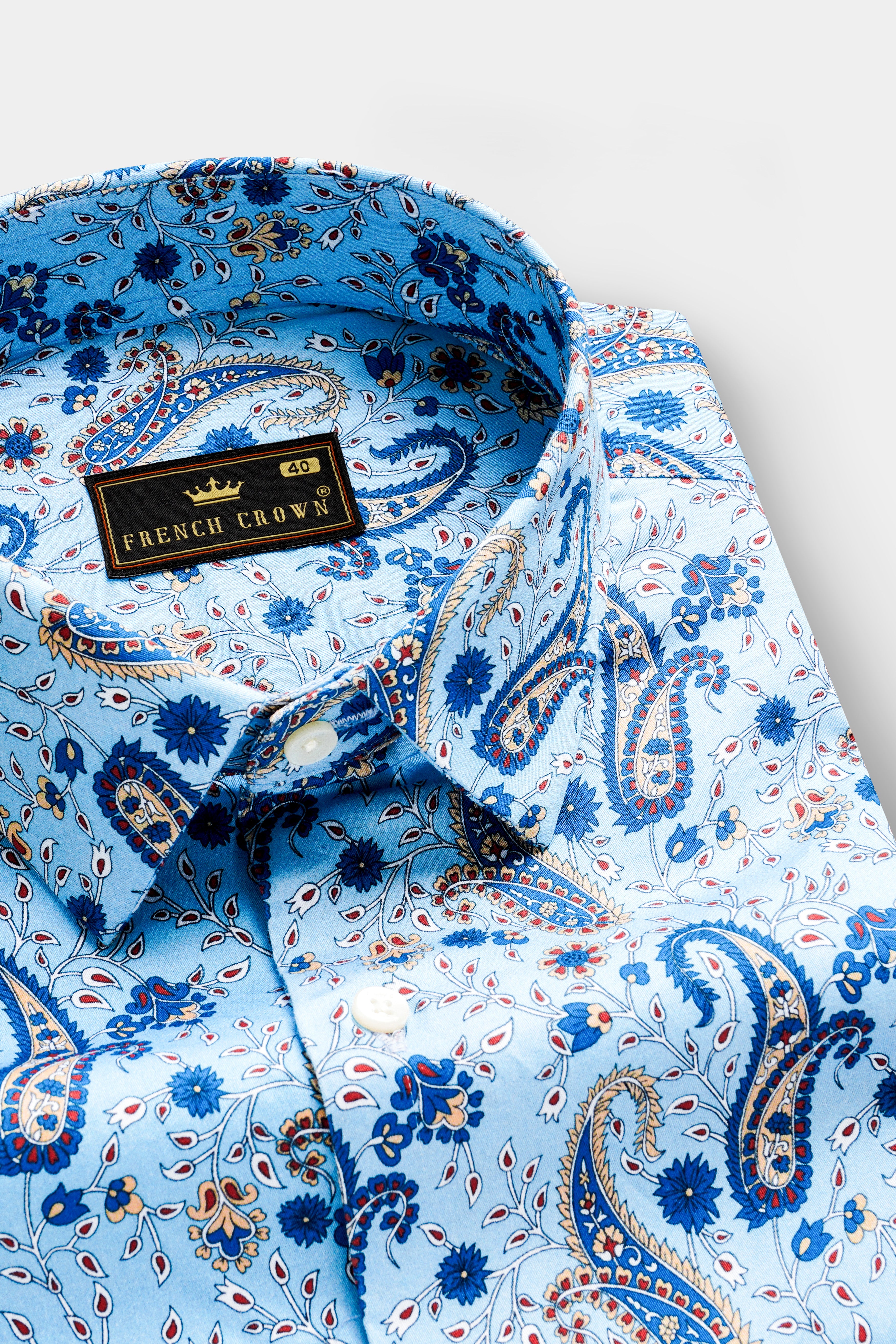 Glacier Blue Paisleys Printed Subtle Sheen Super Soft Premium Cotton Shirt