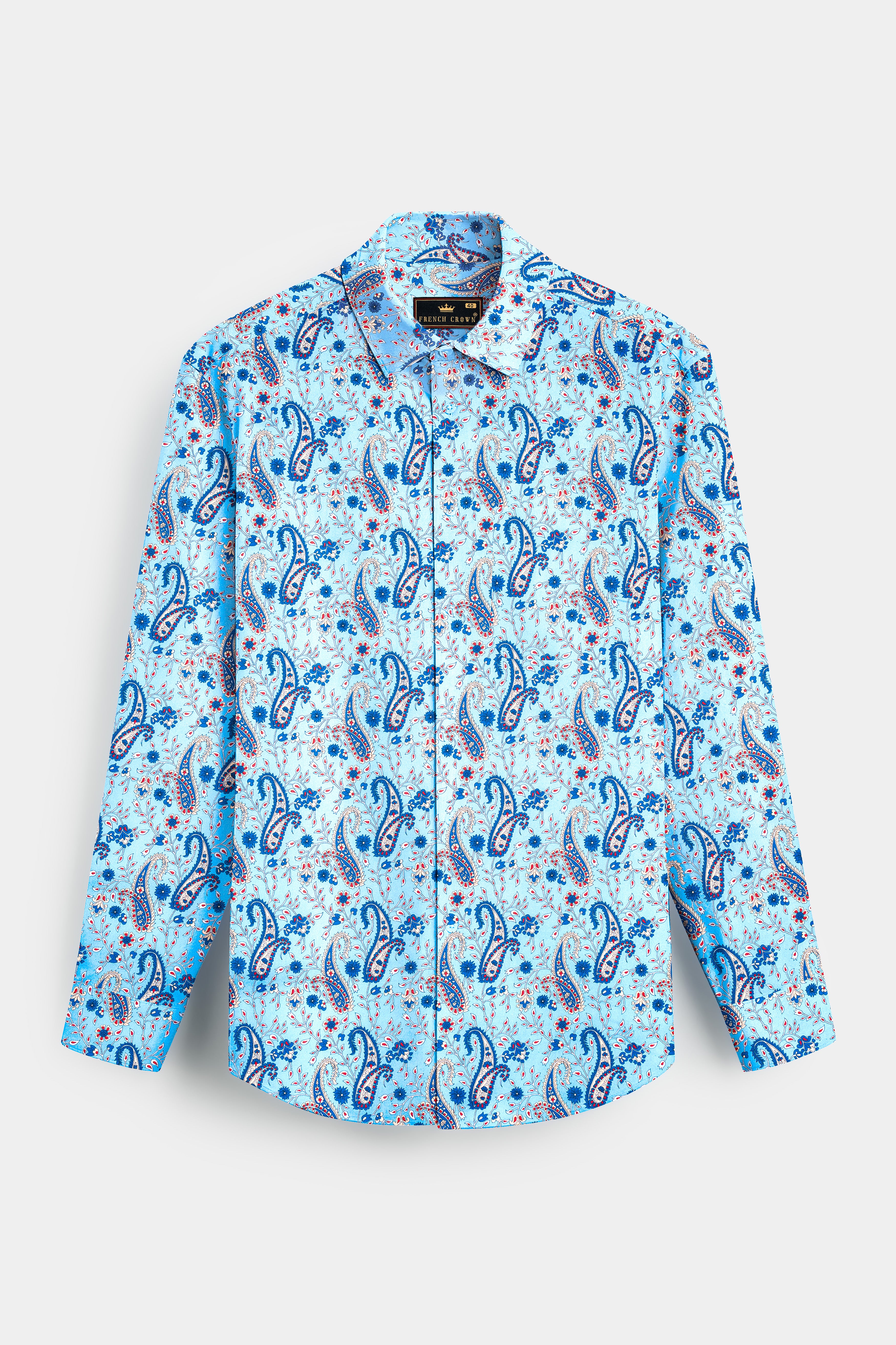 Glacier Blue Paisleys Printed Subtle Sheen Super Soft Premium Cotton Shirt