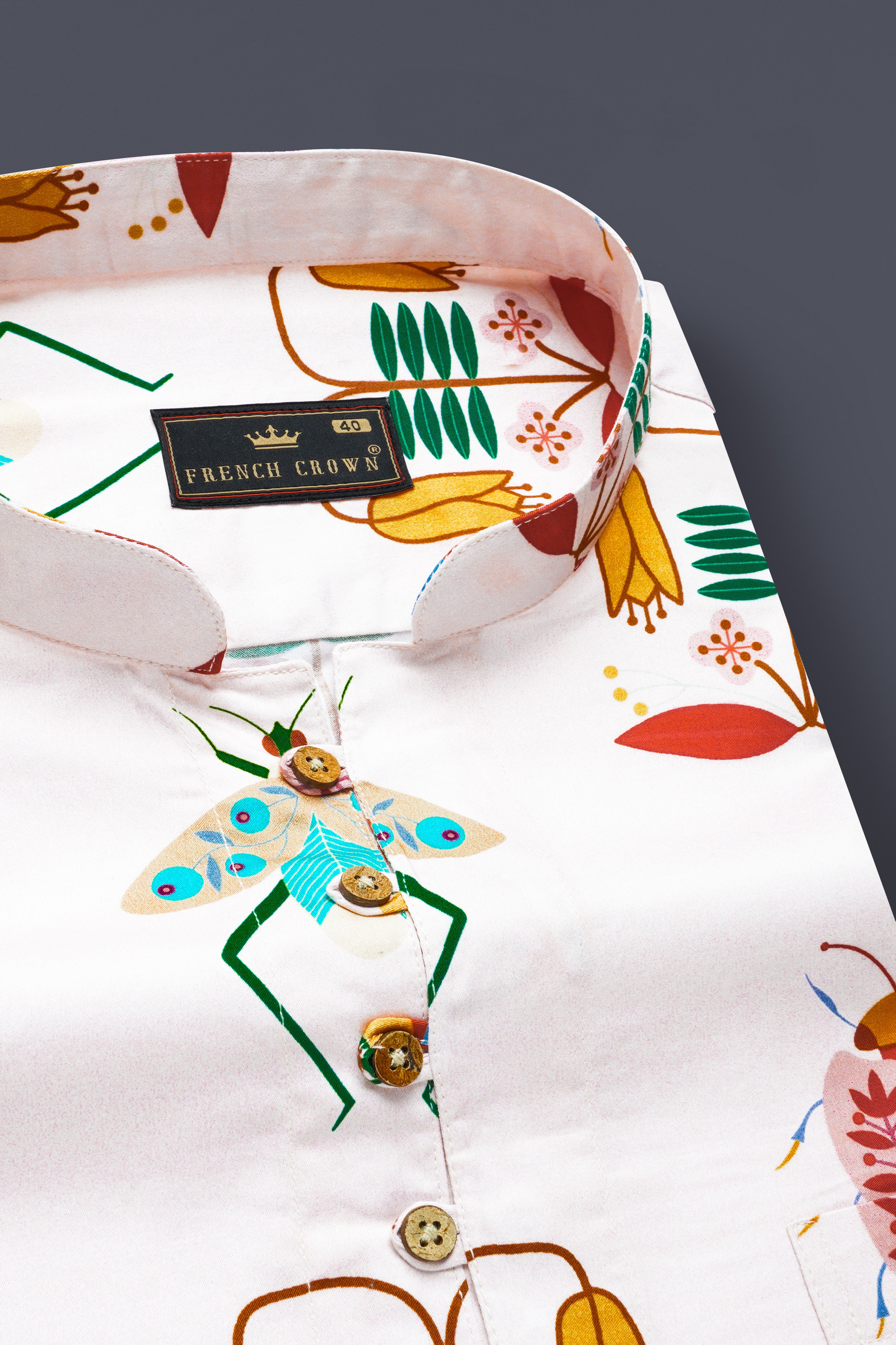 Mercury Cream And Sepia Brown Bugs and Flowers Printed Super Soft Premium Cotton Kurta Shirt