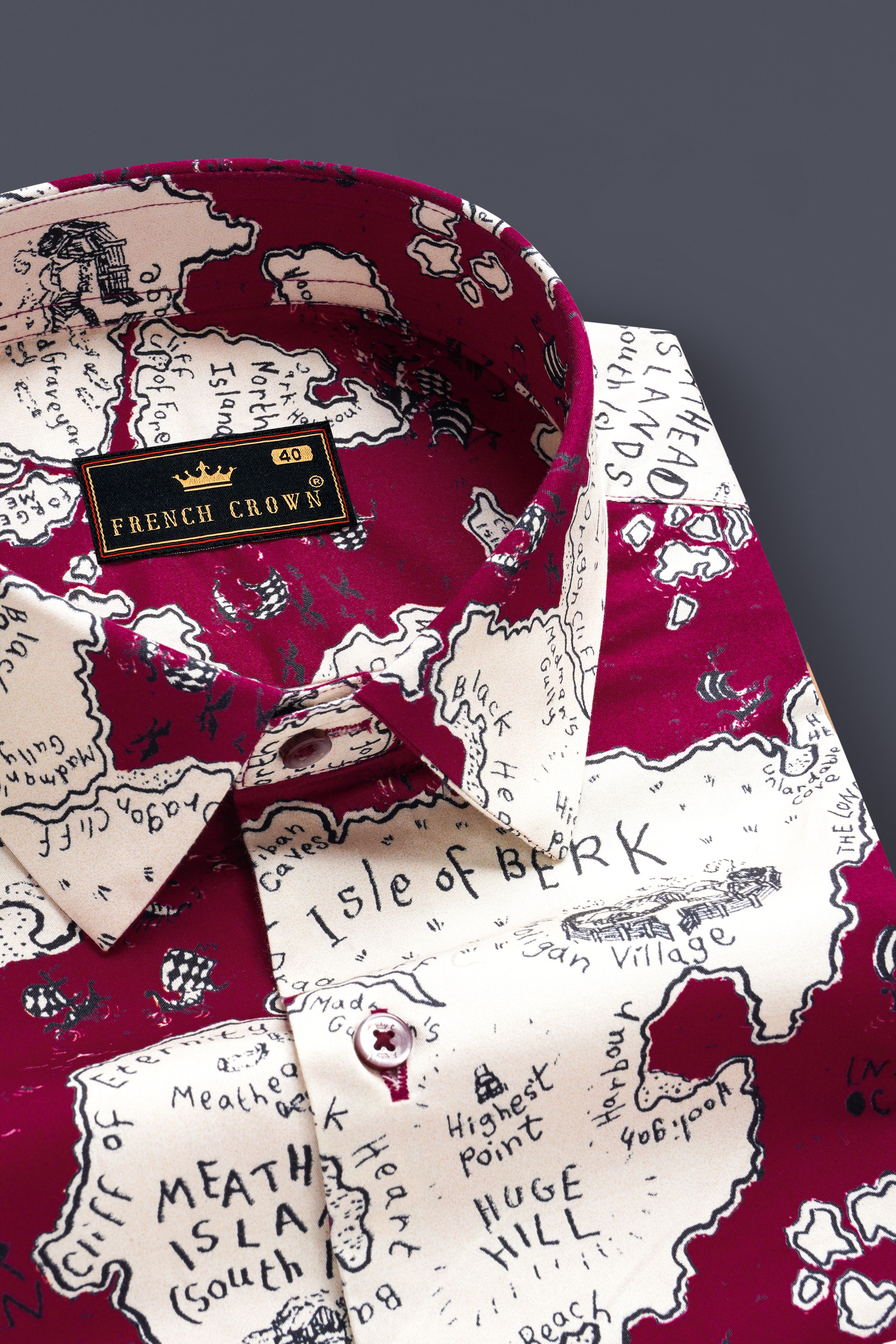 Siren Maroon And Antique Cream Map Printed Subtle Sheen Super Soft Premium Cotton Shirt