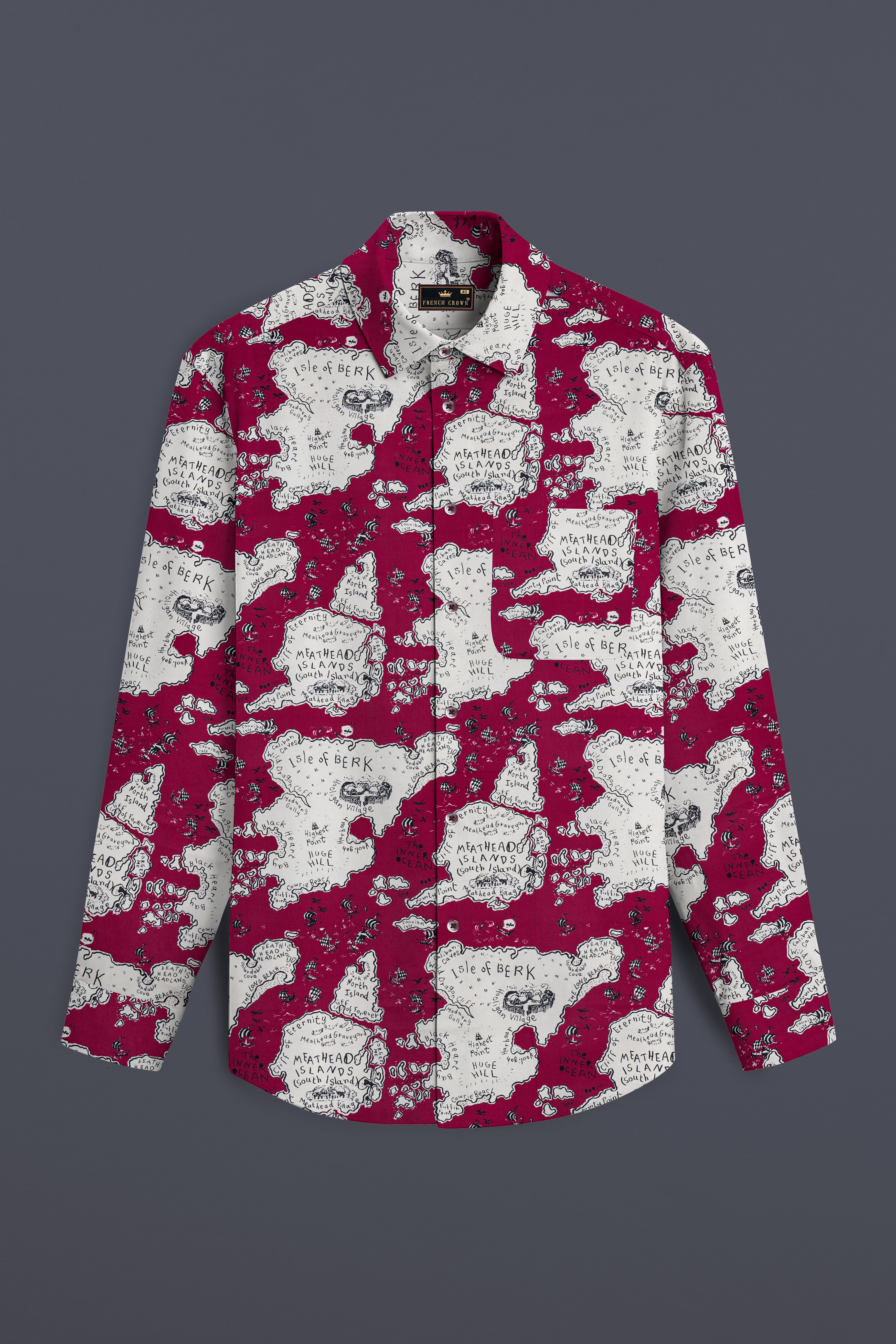 Siren Maroon And Antique Cream Map Printed Subtle Sheen Super Soft Premium Cotton Shirt