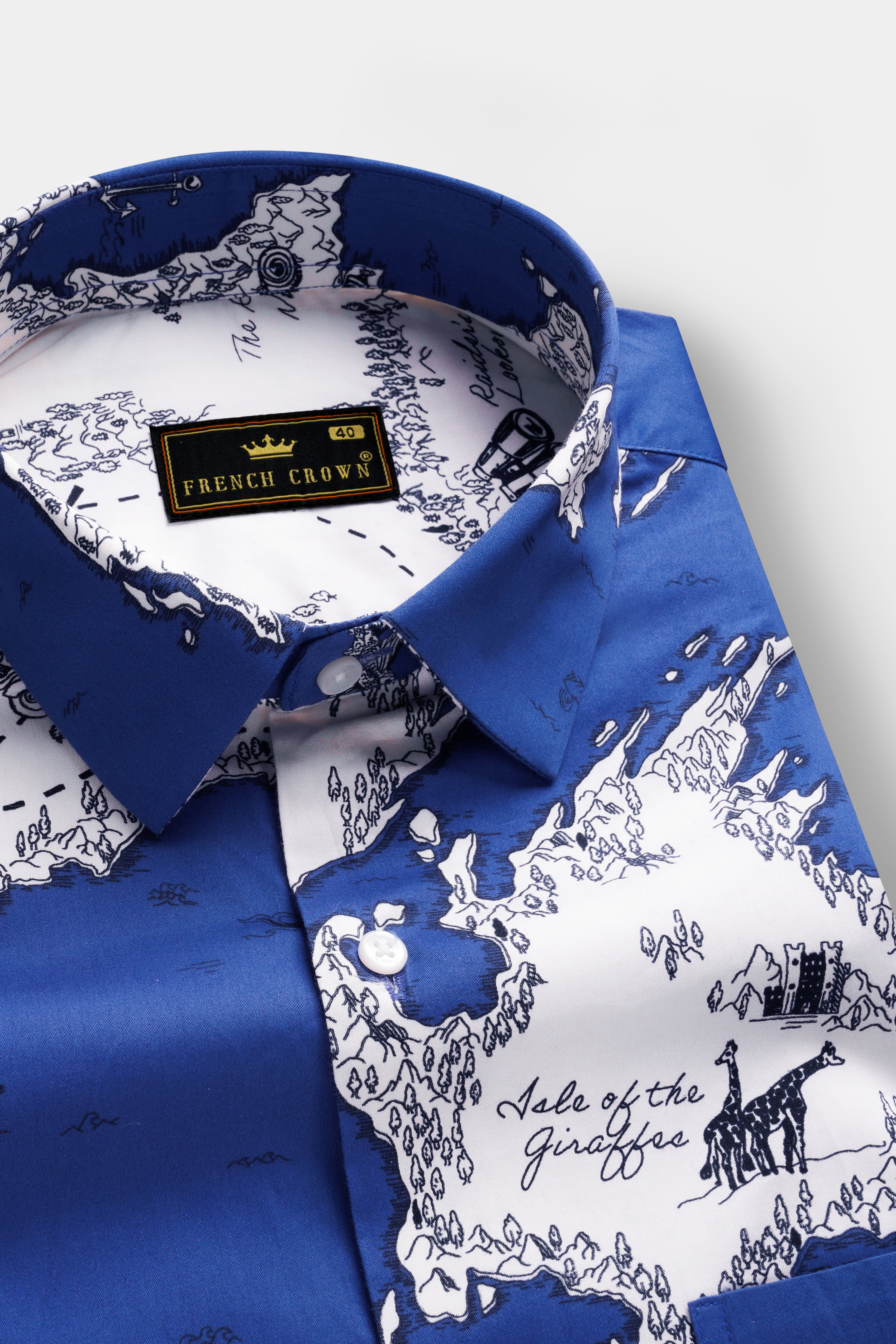 Biscay Blue And Bright White Map Printed Subtle Sheen Super Soft Premium Cotton Shirt