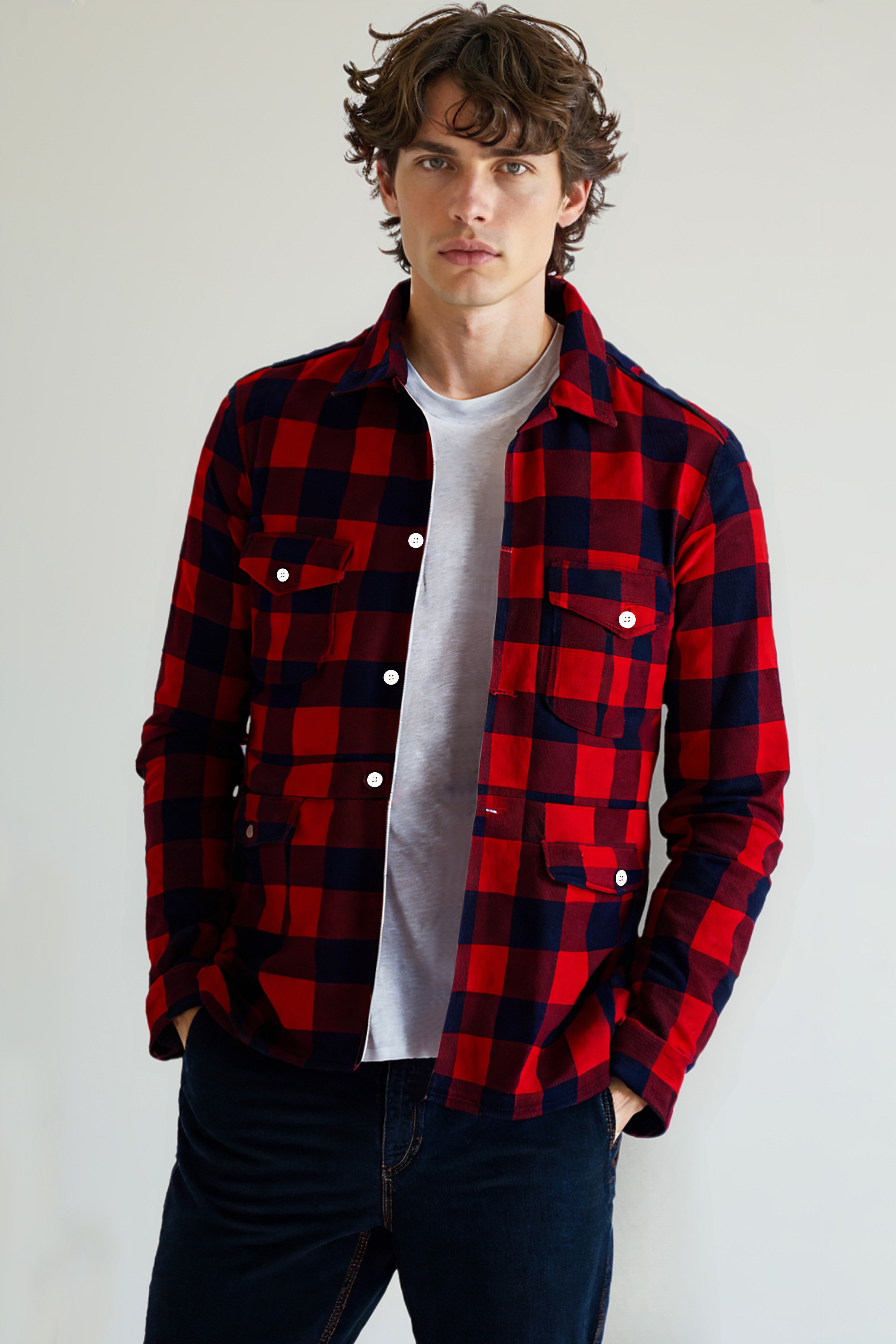 Mexican Red And Abbey Blue Plaid Flannel Premium Cotton Designer Overshirt/shacket