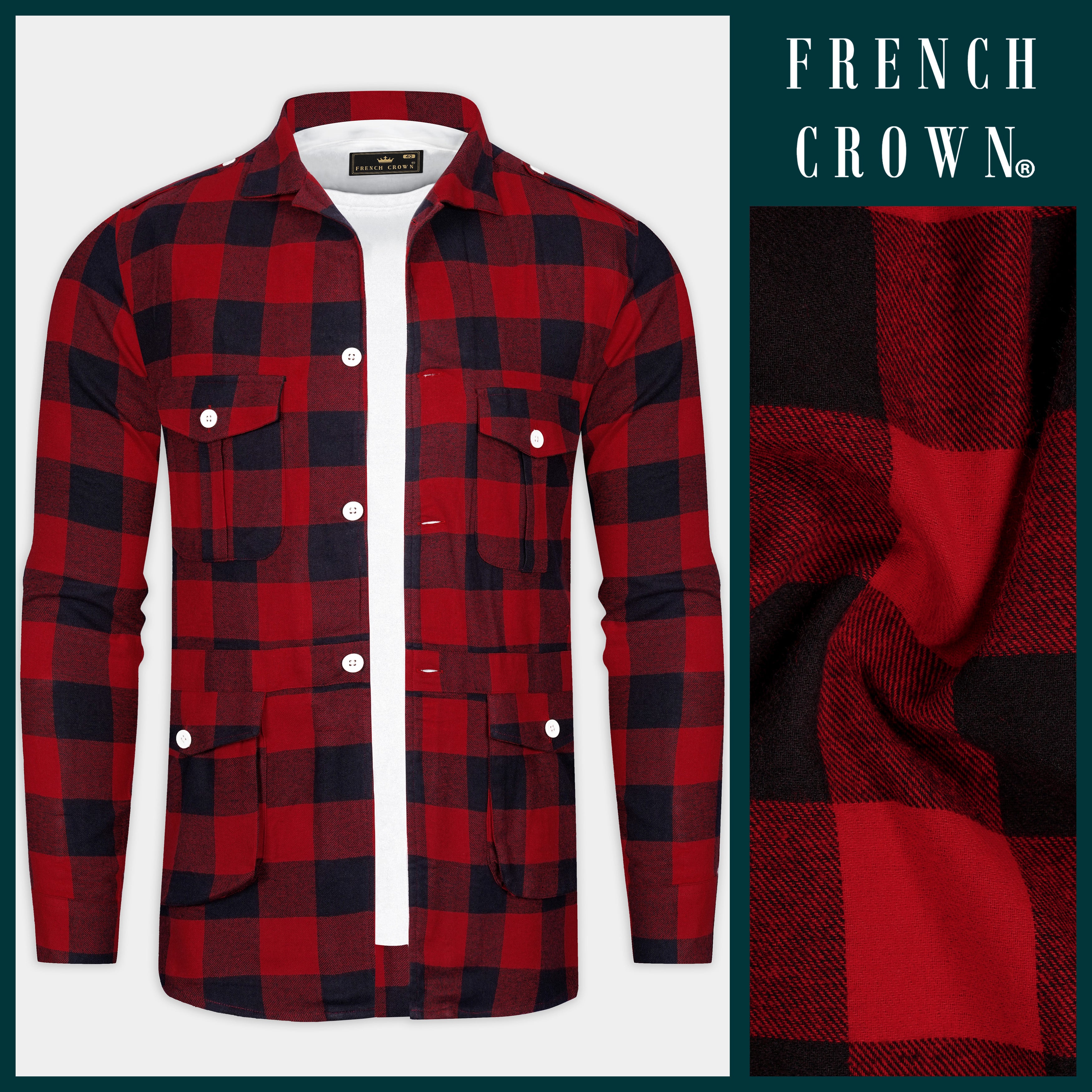 Mexican Red And Abbey Blue Plaid Flannel Premium Cotton Designer Overshirt/shacket