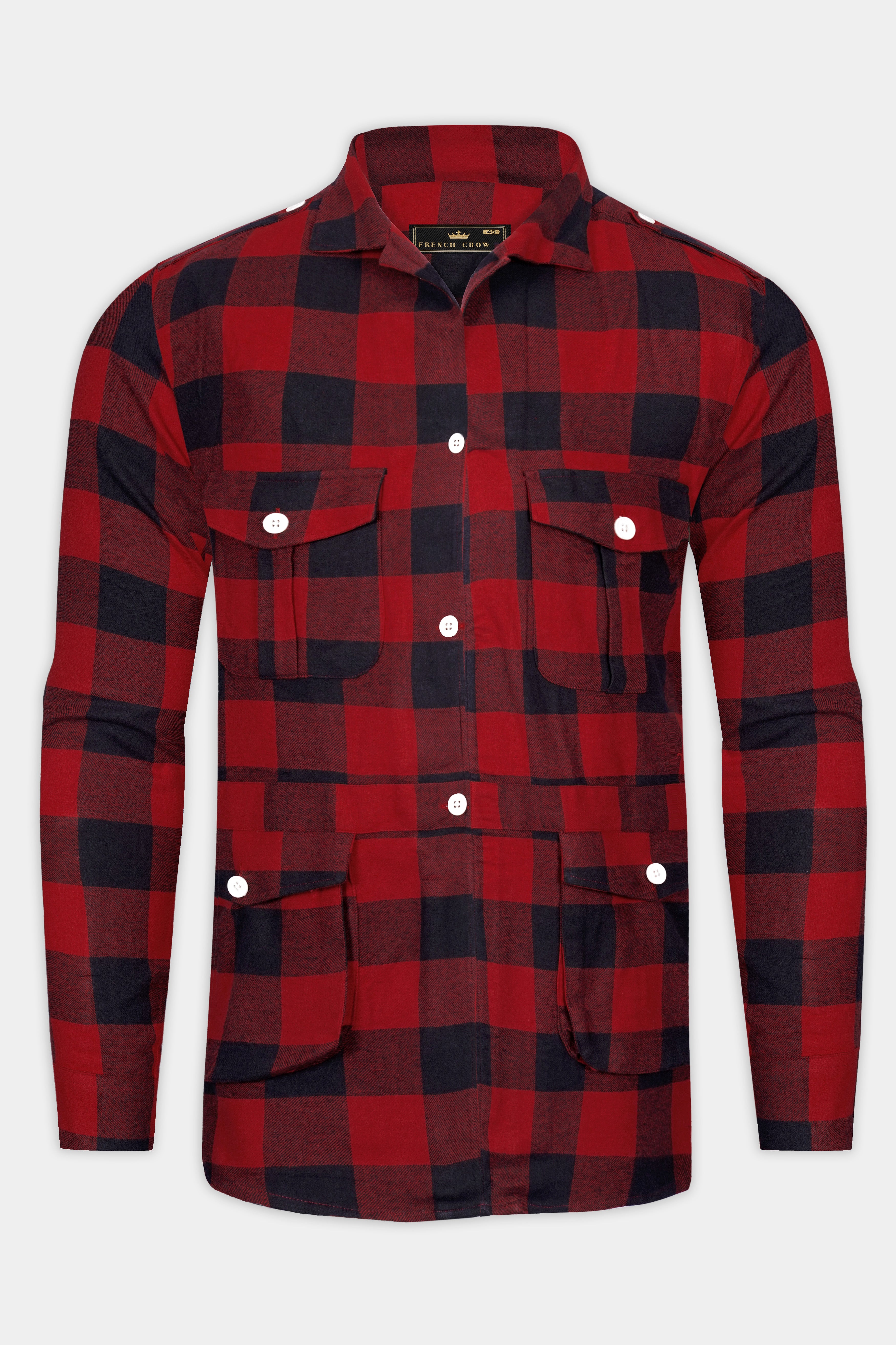 Mexican Red And Abbey Blue Plaid Flannel Premium Cotton Designer Overshirt/shacket