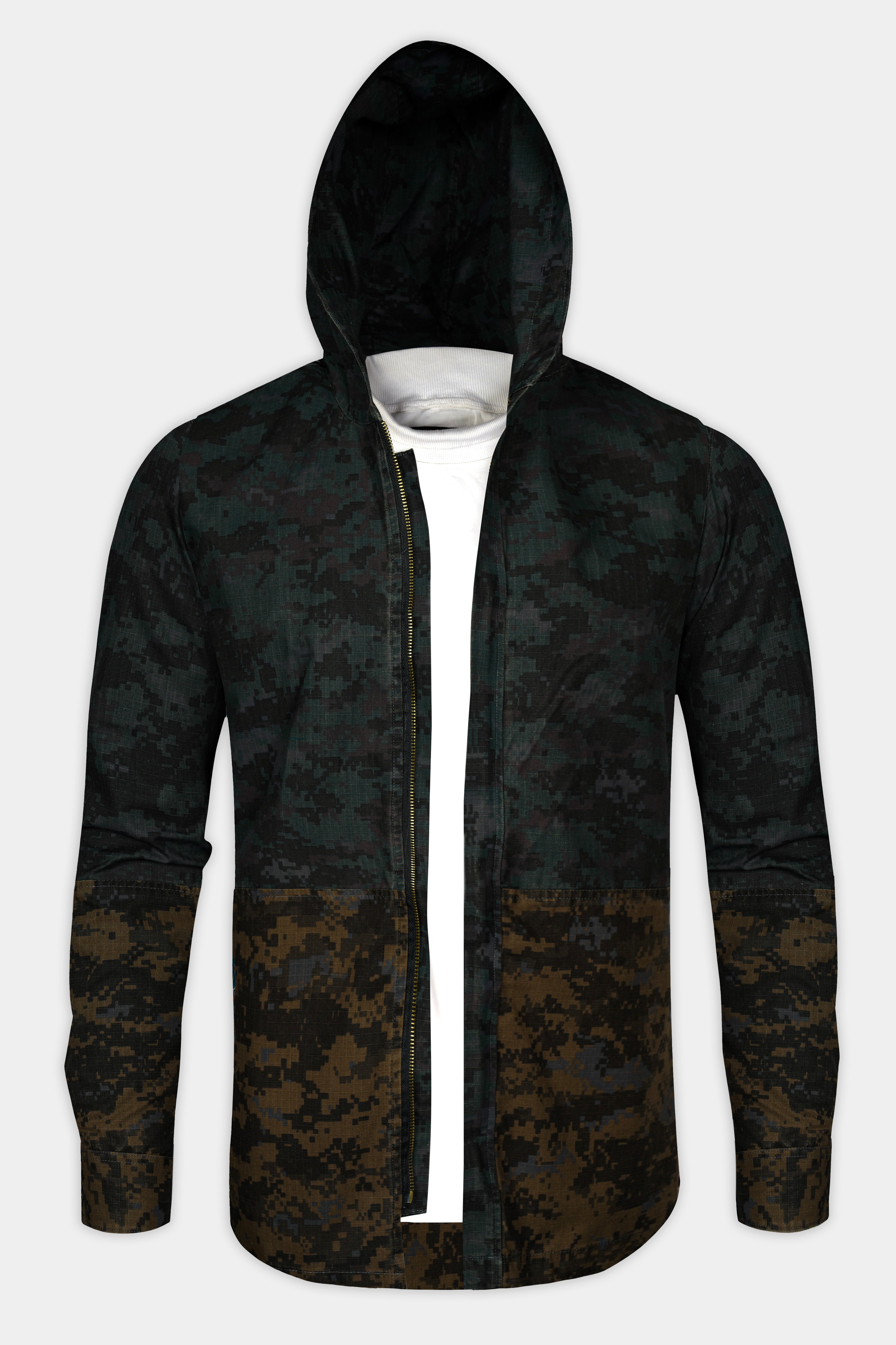 Kaitoke Green And Lisbon Brown Camouflage Military Prints Heavyweight Designer Hoddie with Zipper Closure