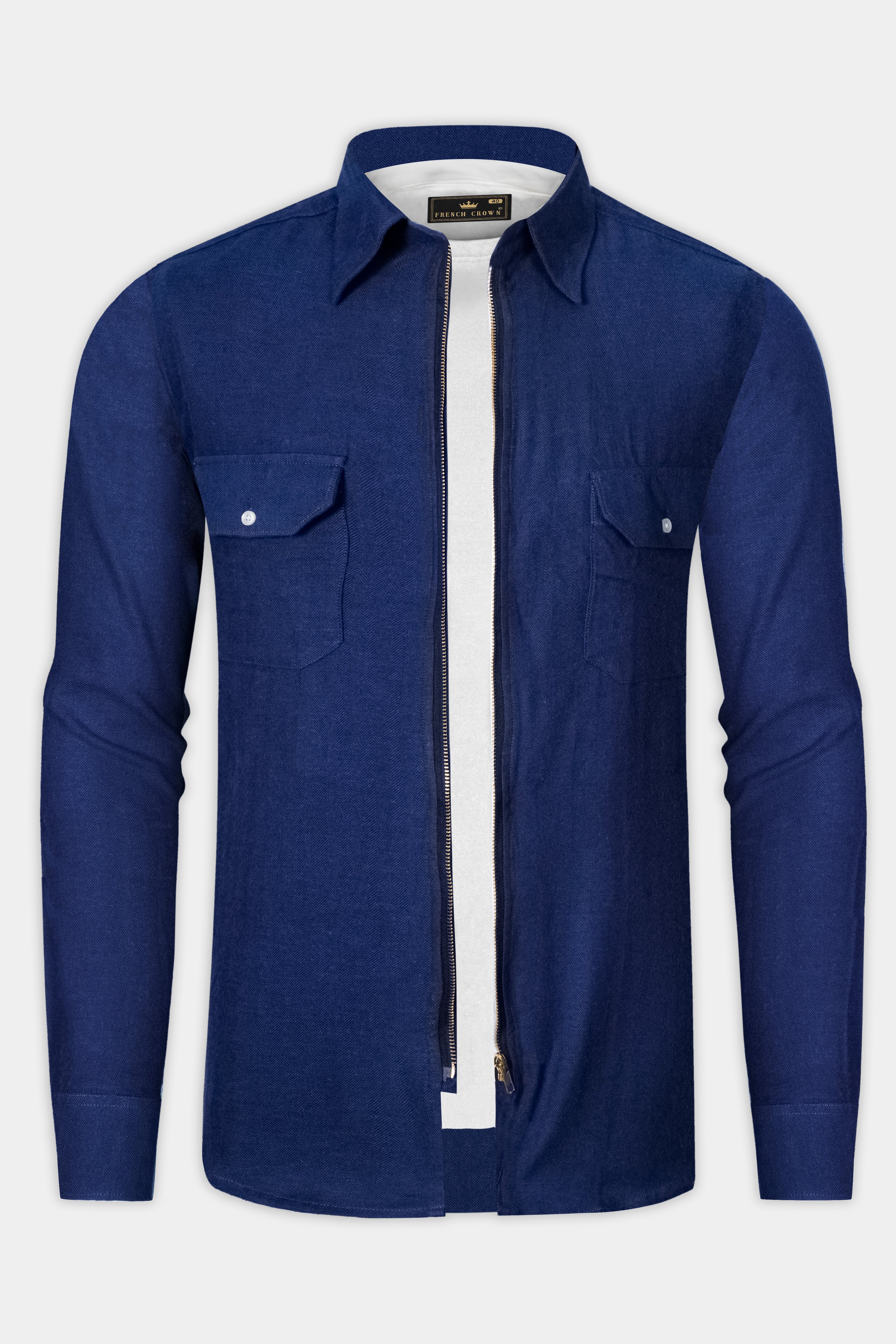 Biscay Blue Herringbone Pattern Premium Cotton Overshirt/shacket