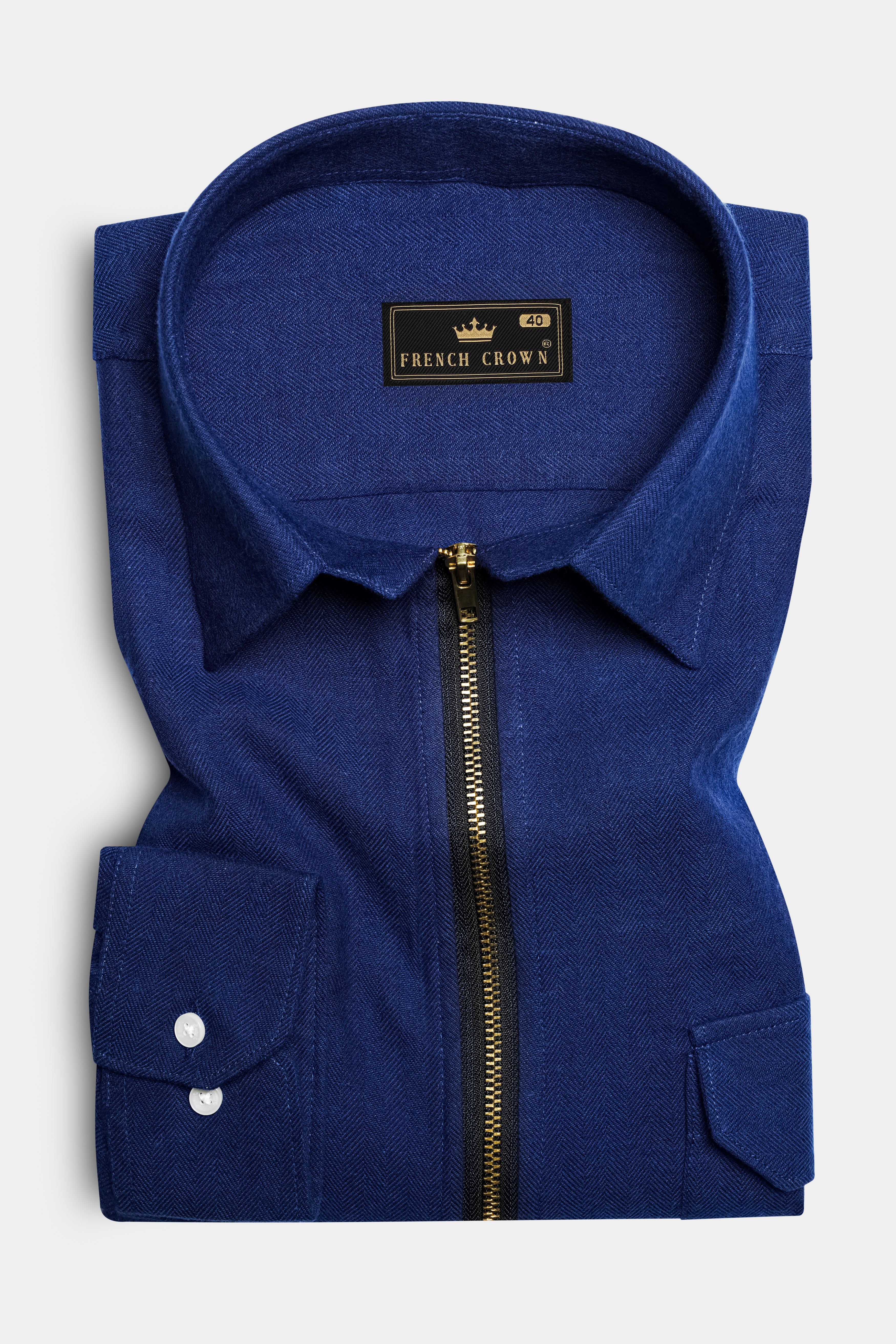 Biscay Blue Casual Textured Premium Cotton Overshirt/shacket For Men