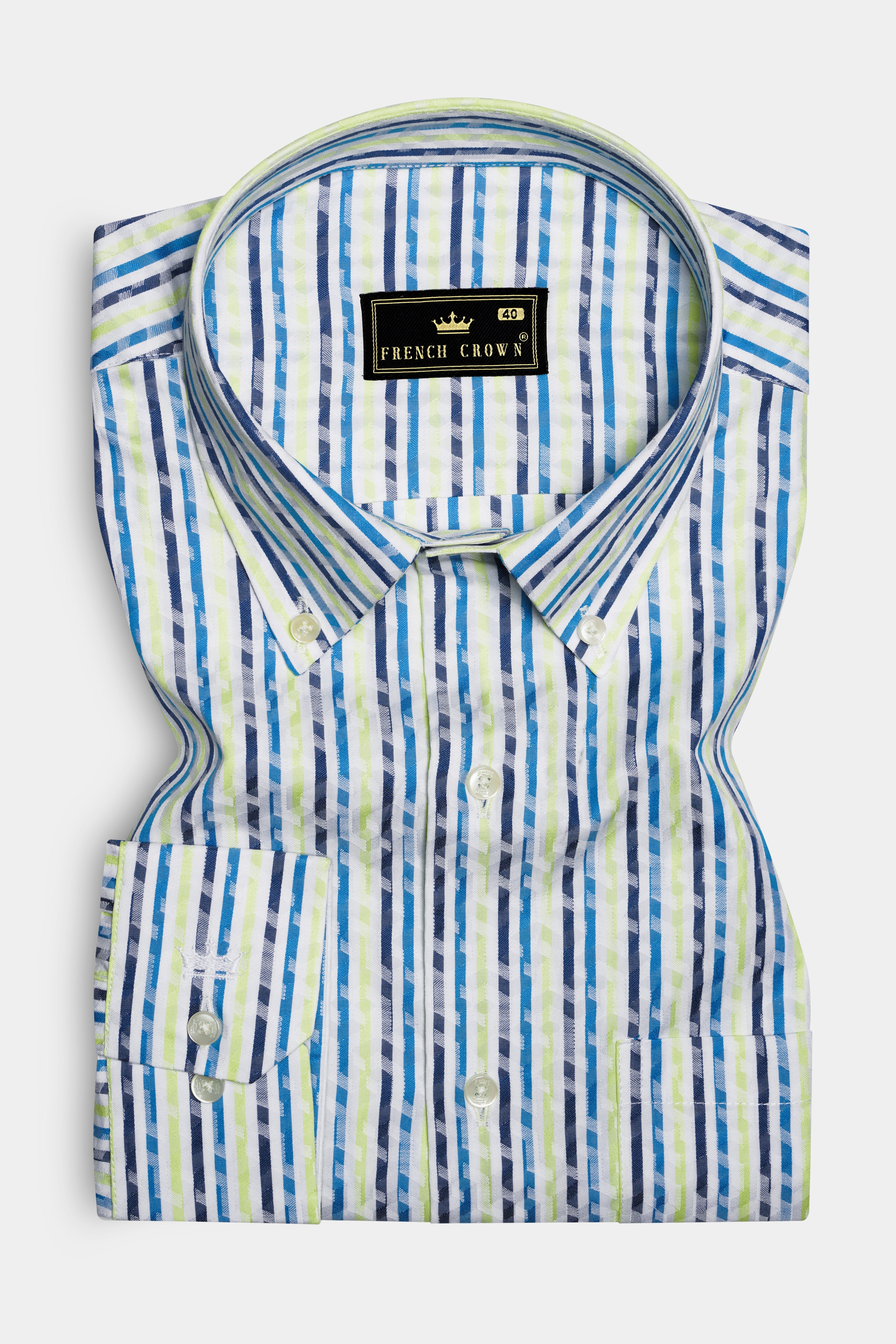 Sunburst-Electric Blue And Primrose Yellow Jacquard Striped Premium Cotton Shirt