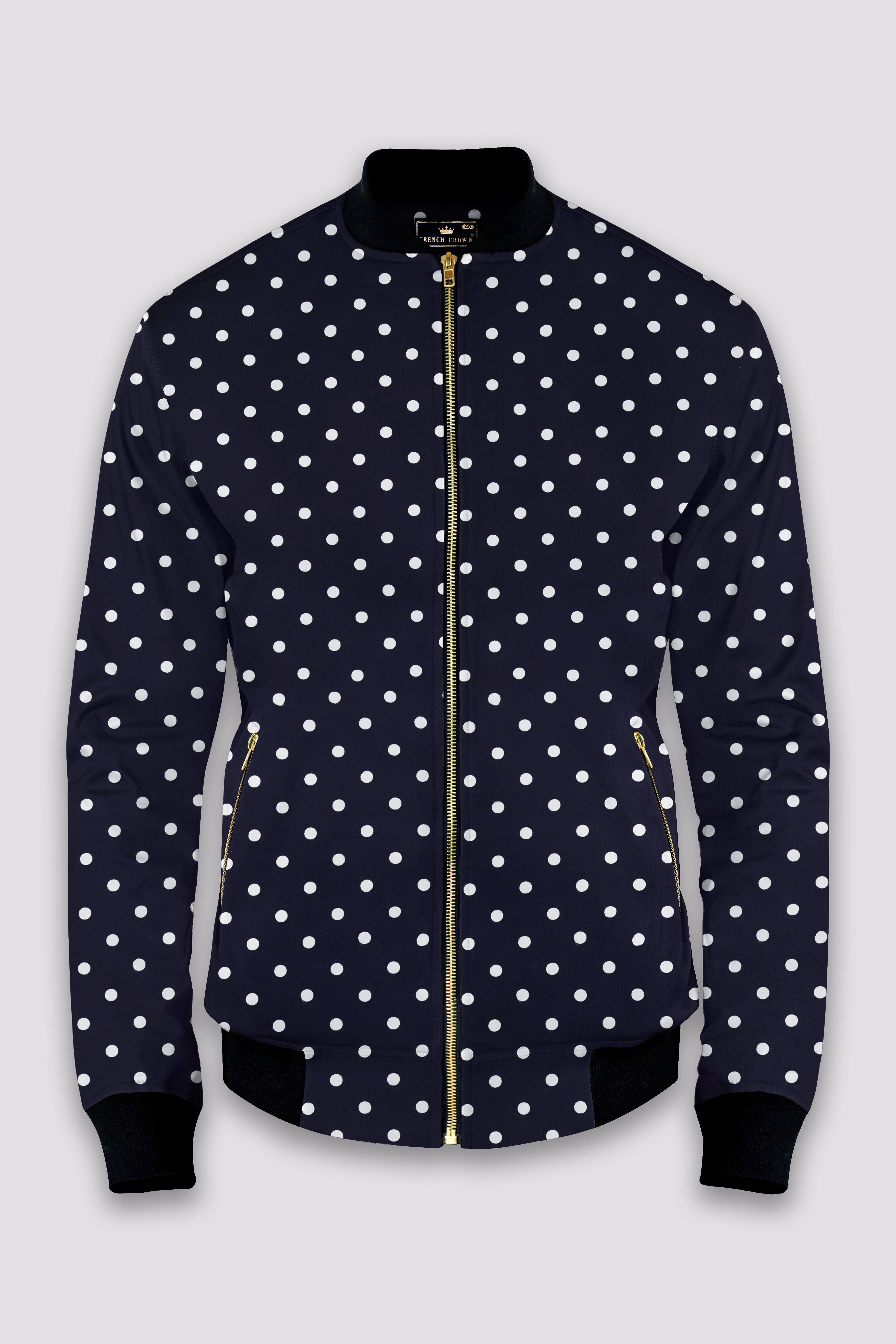 AzureDot-Navy Polka Dotted Prints Premium Giza Cotton Bomber Jacket