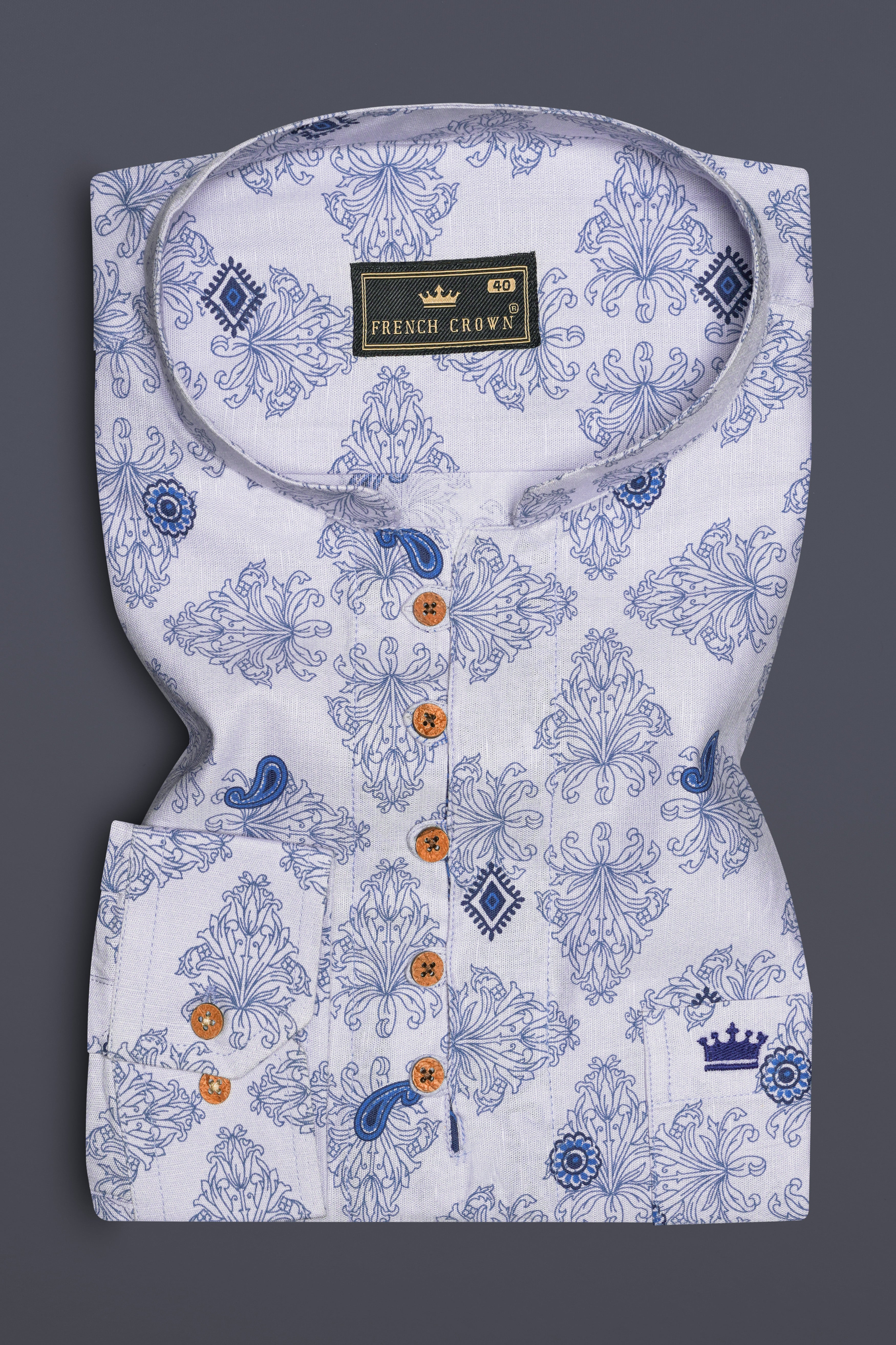 AzureKeri-Curious Blue And Bright White Keri Printed Premium Luxuries Linen Kurta Shirt