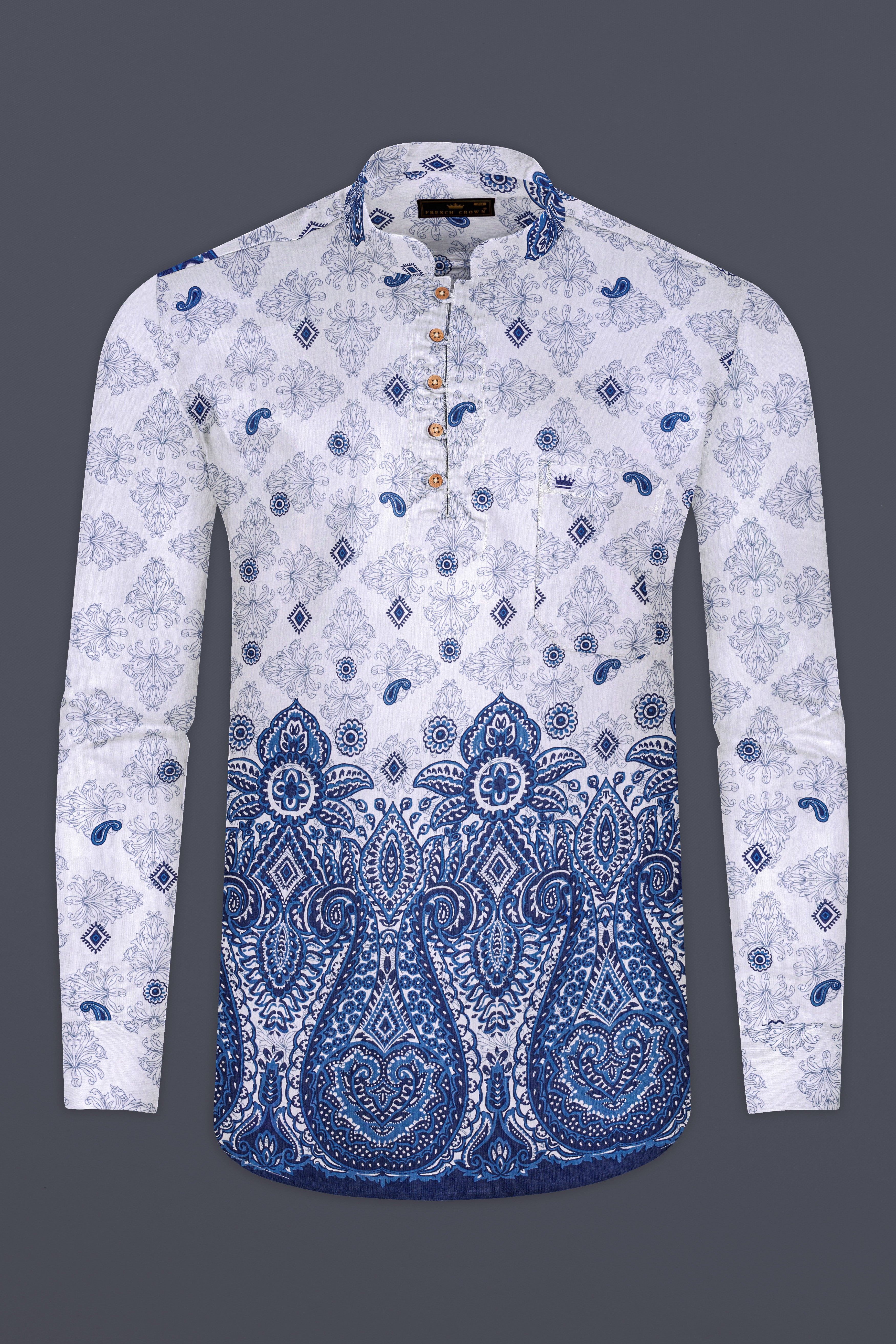 AzureKeri-Curious Blue And Bright White Keri Printed Premium Luxuries Linen Kurta Shirt