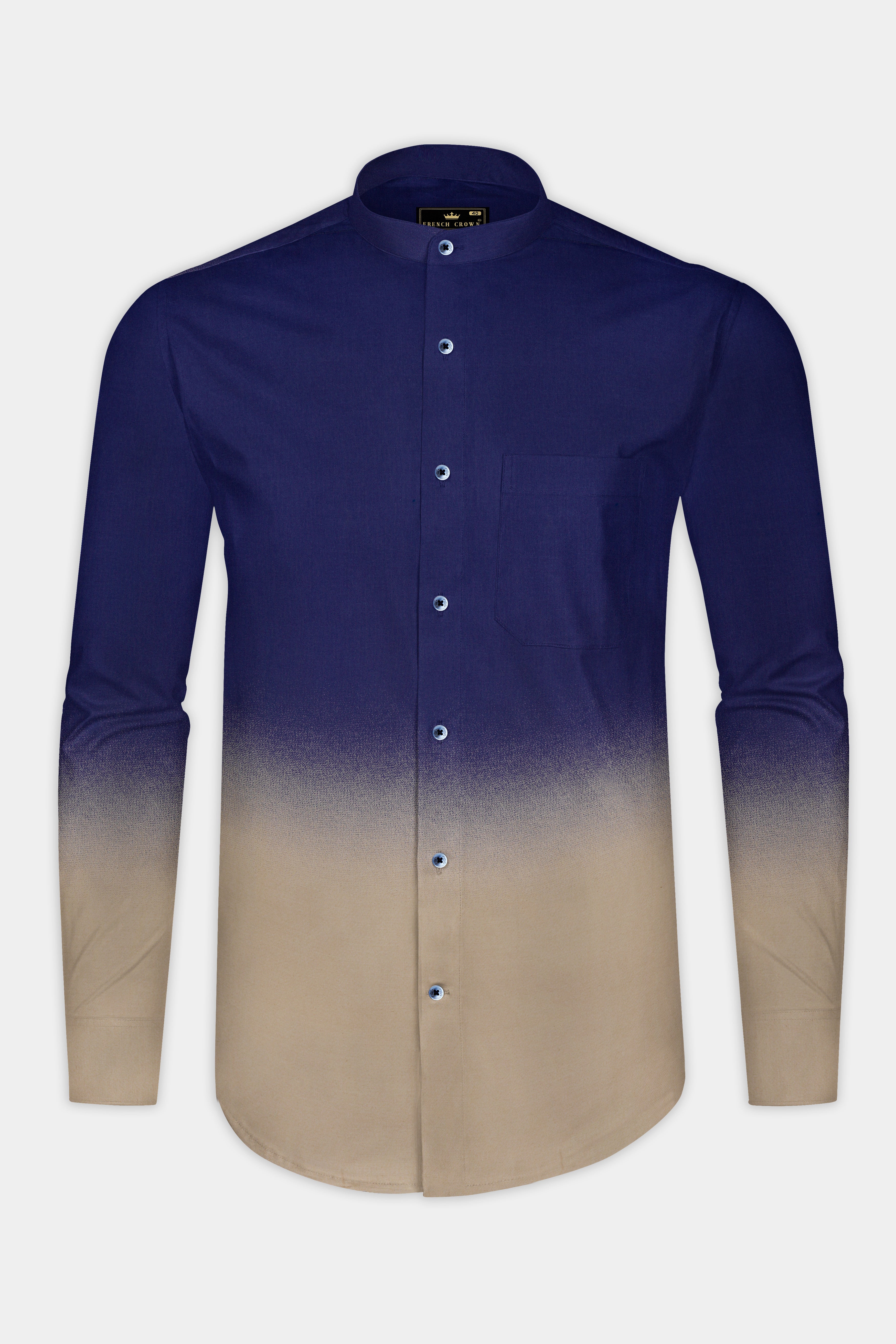 SereneHorizon-Indigo Blue And Sandrift Brown Gradient Printed Subtle Sheen Super Soft Premium Cotton Shirt