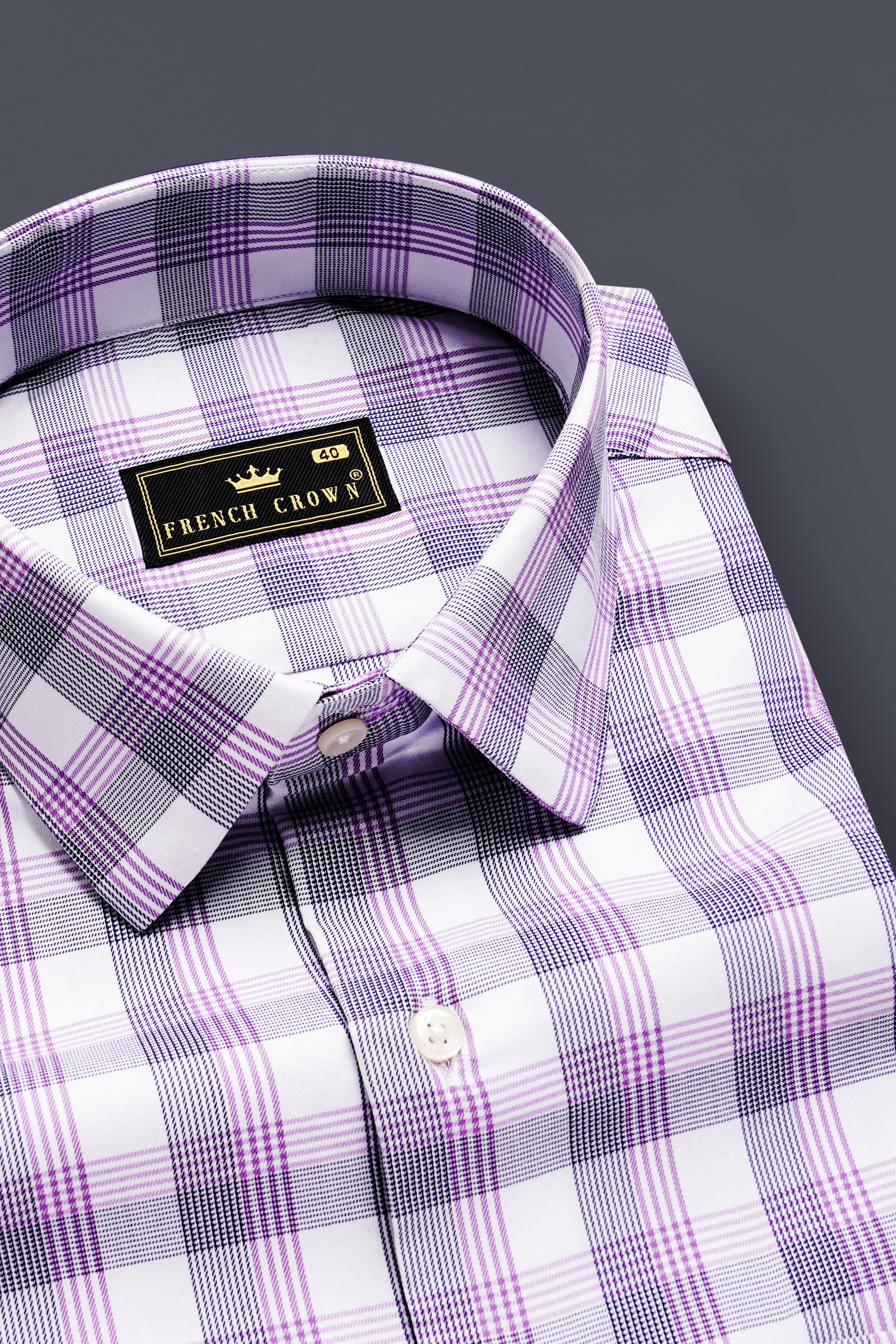 VioletLoom-Wisteria Purple And Bright White Plaid Dobby Textured Premium Giza Cotton Shirt