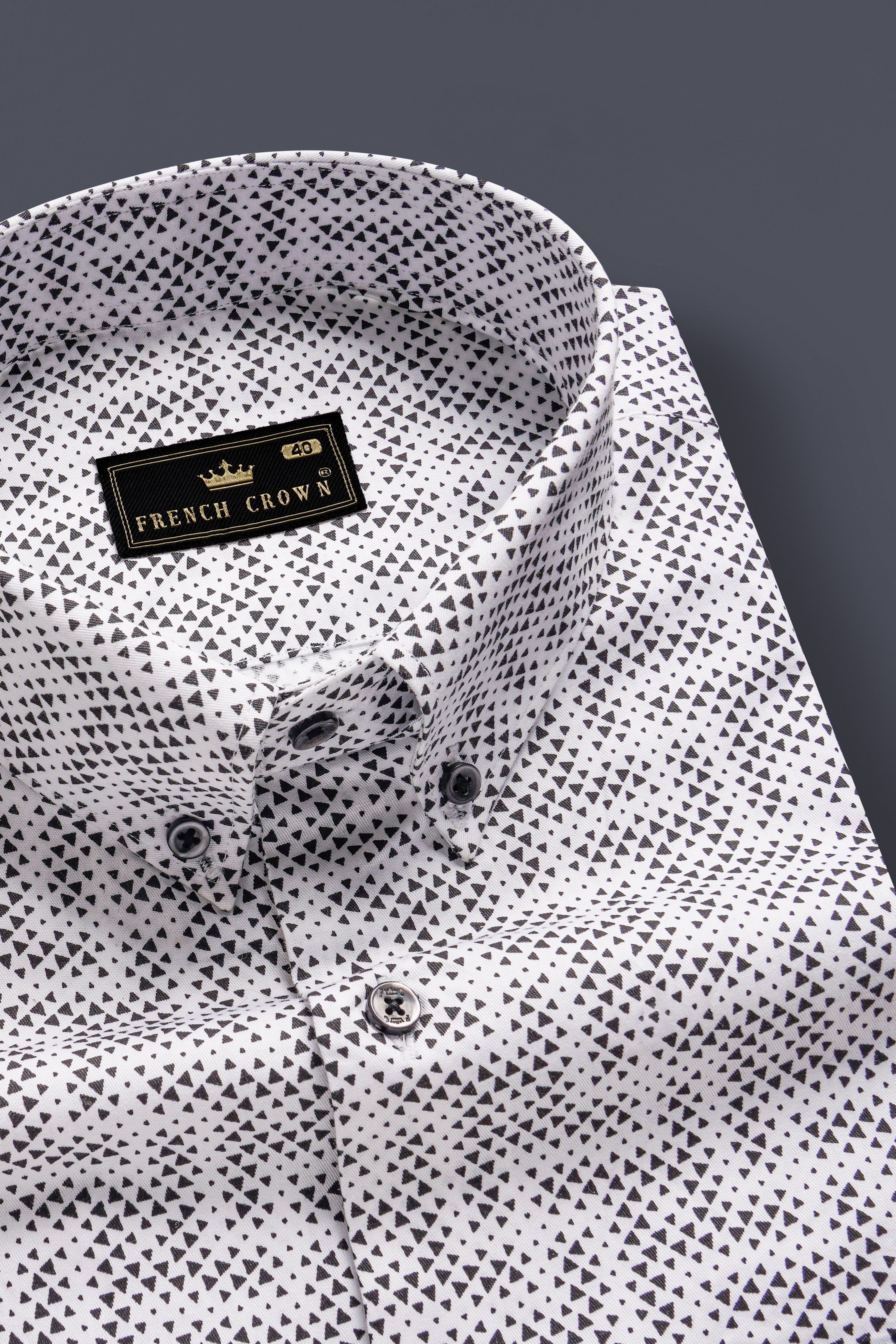 NoirTriad-Classic White with Black Flocked Triangle Printed Super Soft Premium Cotton Button Down Shirt