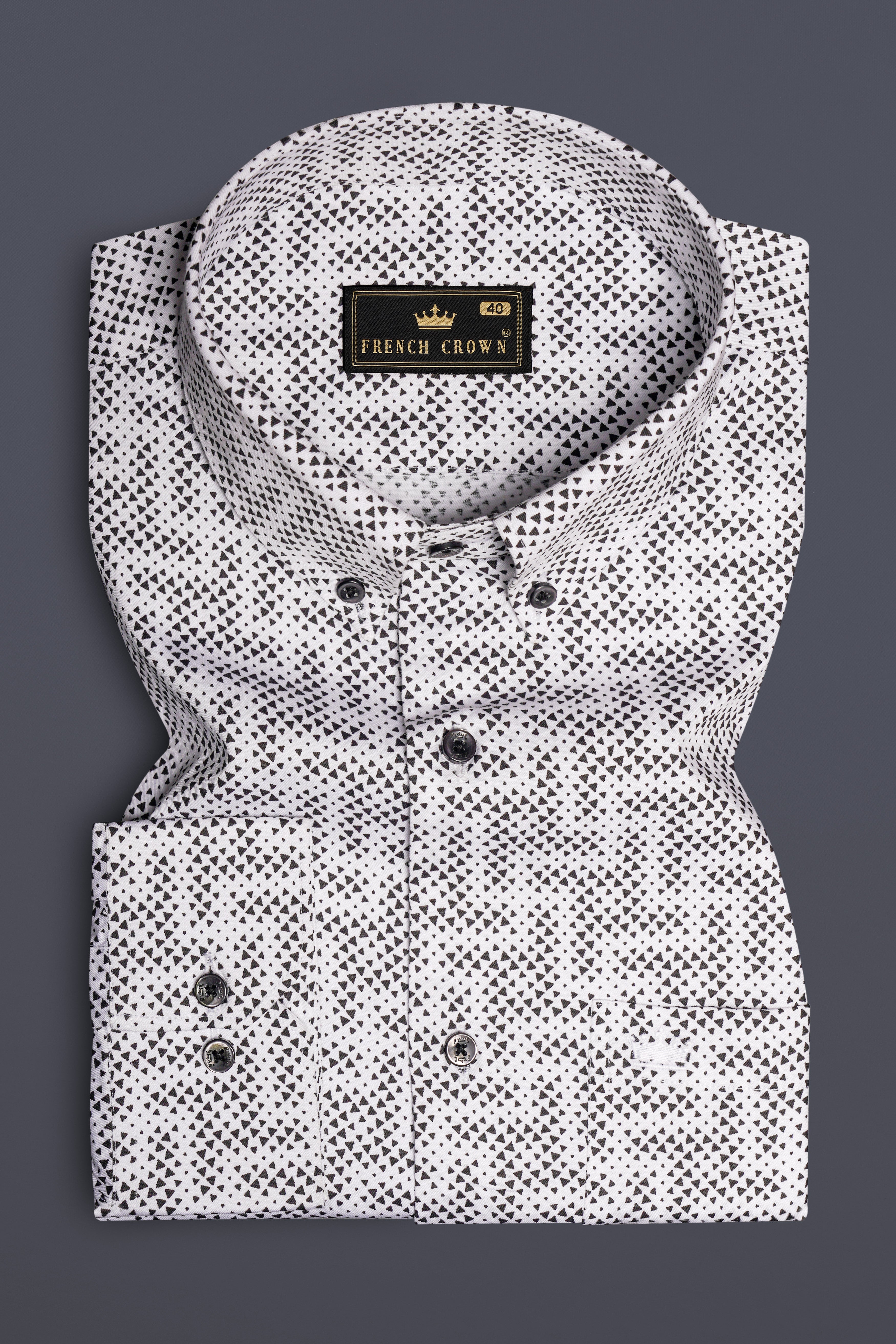 NoirTriad-Classic White with Black Flocked Triangle Printed Super Soft Premium Cotton Button Down Shirt