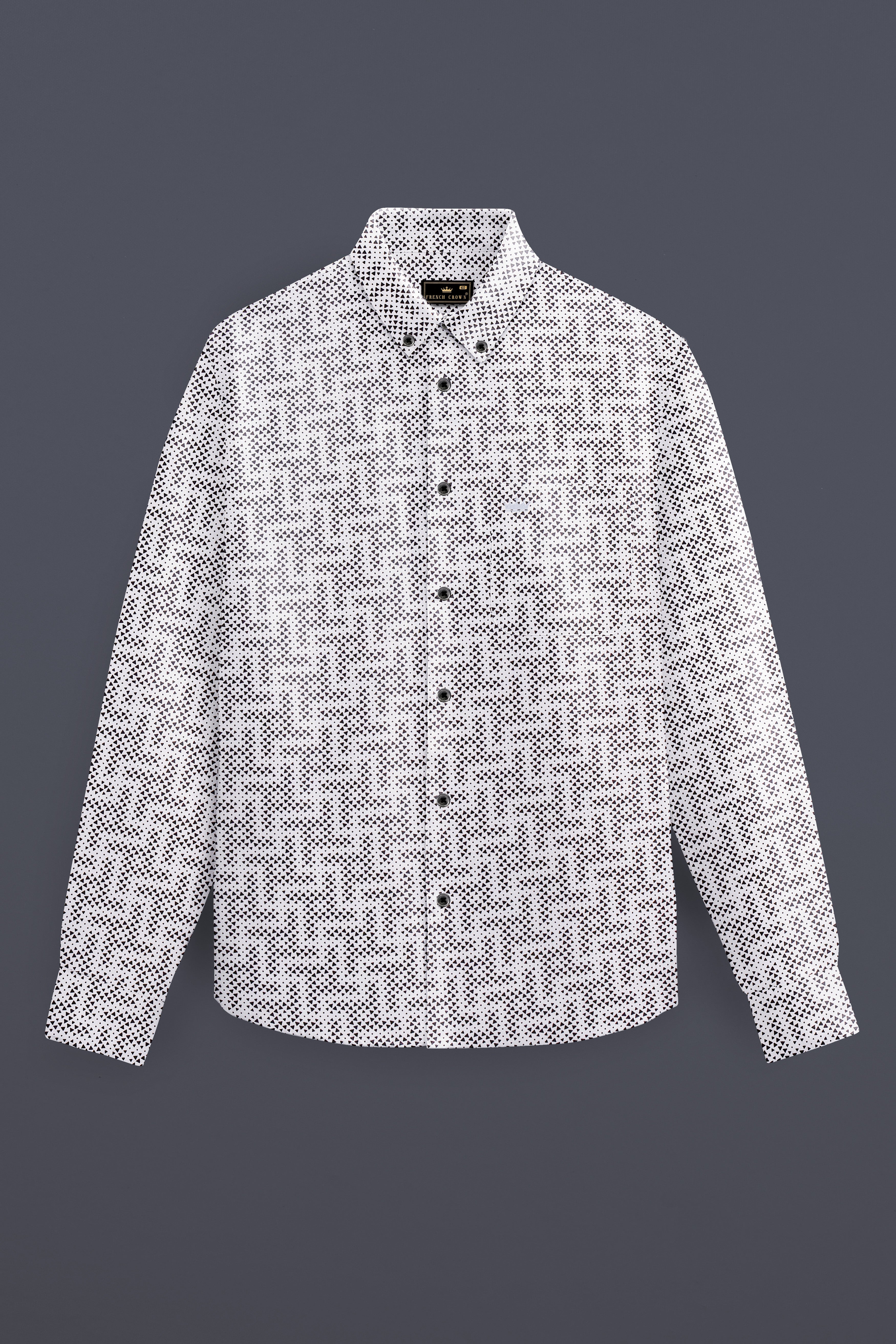 NoirTriad-Classic White with Black Flocked Triangle Printed Super Soft Premium Cotton Button Down Shirt