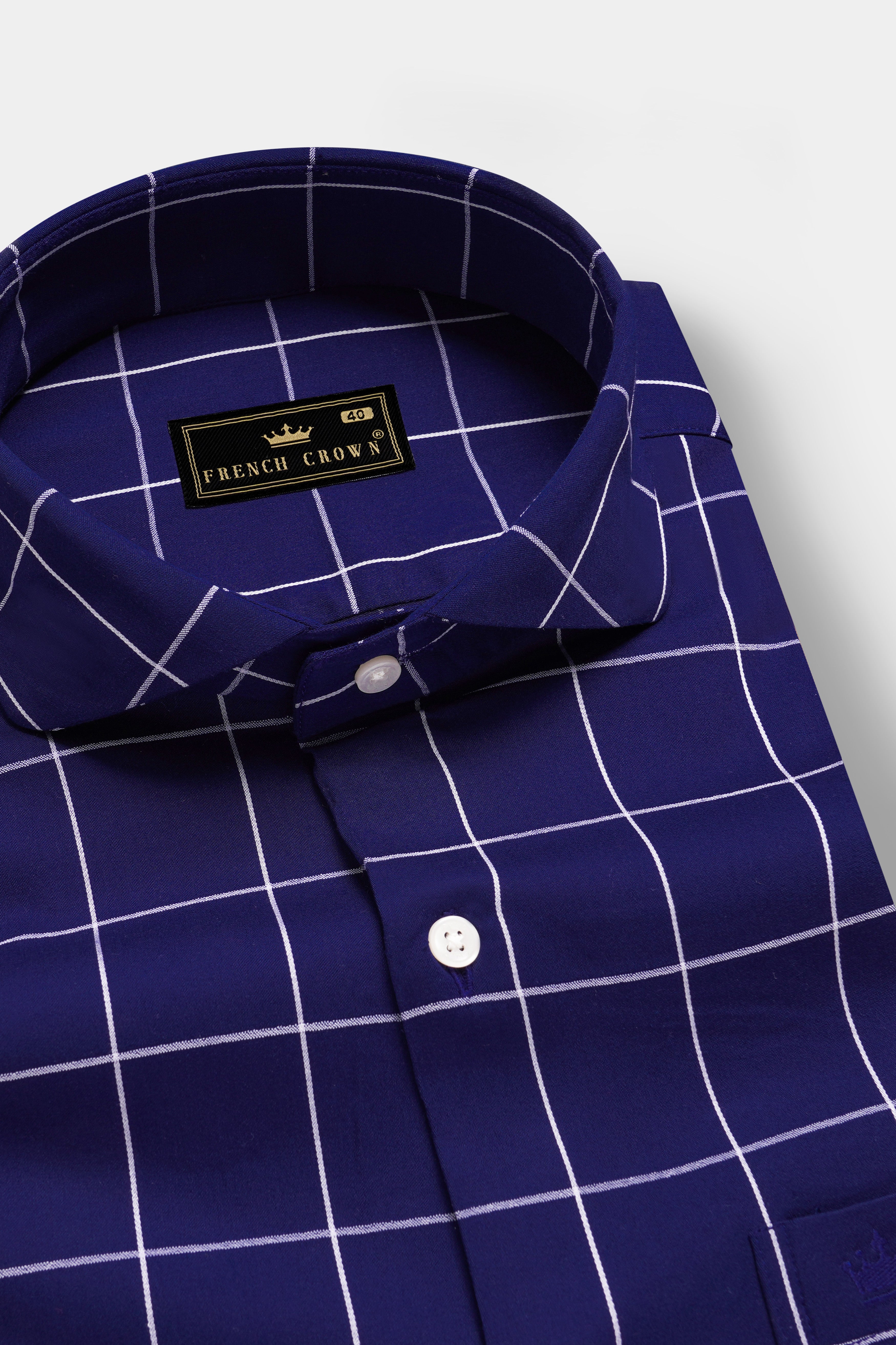 AzureGrid-Lapis Blue Windowpane Premium Dobby Textured Premium Giza Cotton Shirt