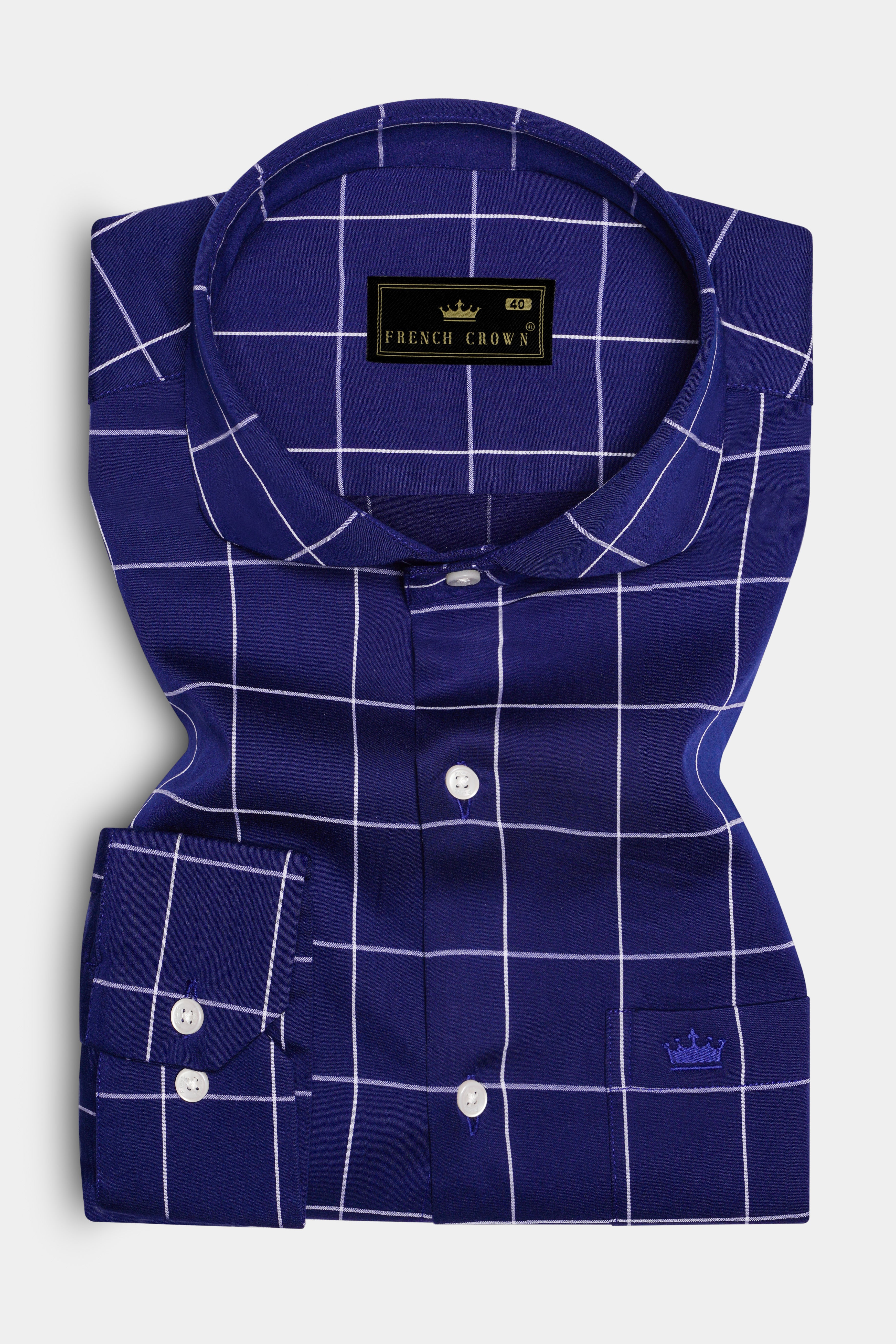 AzureGrid-Lapis Blue Windowpane Premium Dobby Textured Premium Giza Cotton Shirt