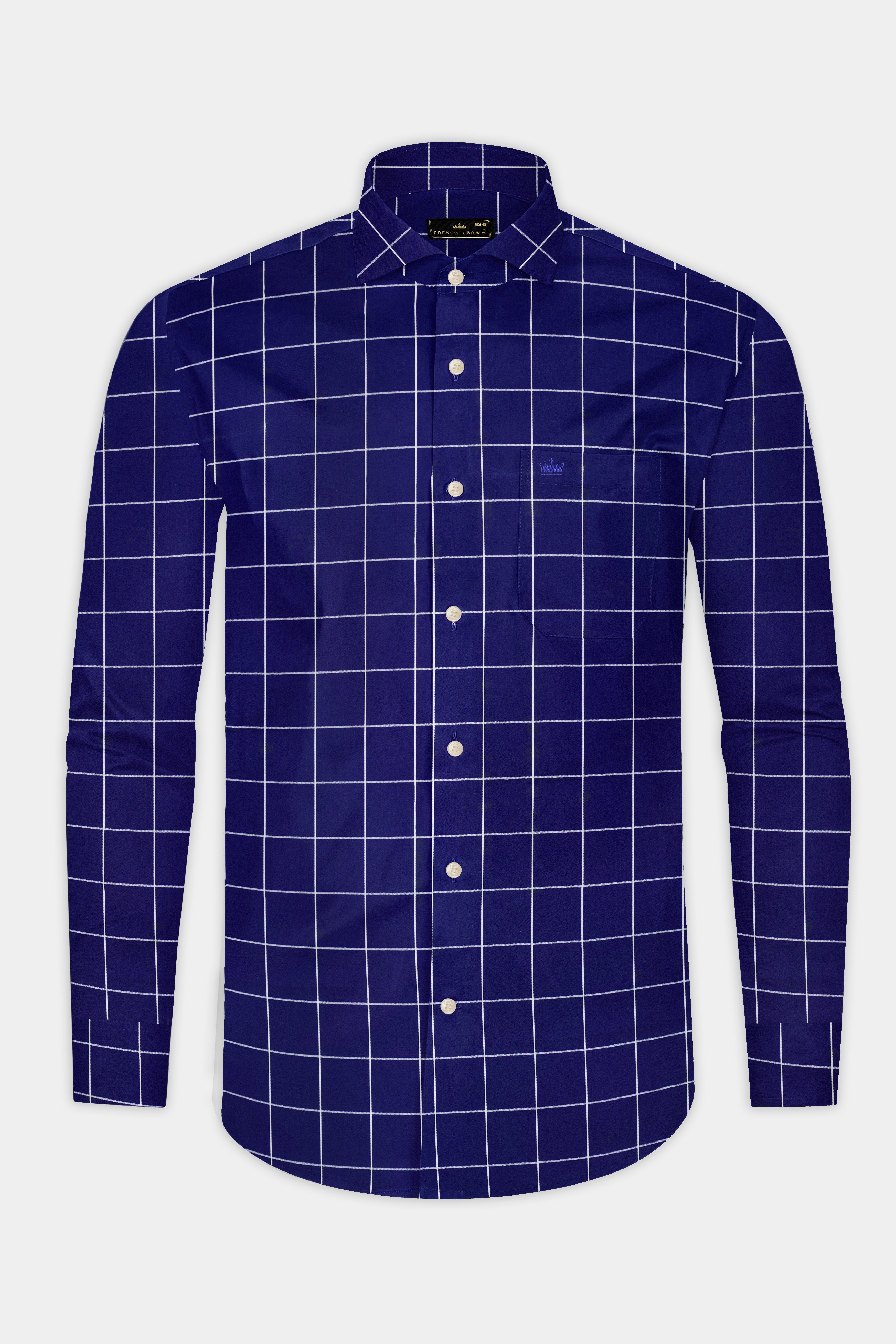 AzureGrid-Lapis Blue Windowpane Premium Dobby Textured Premium Giza Cotton Shirt