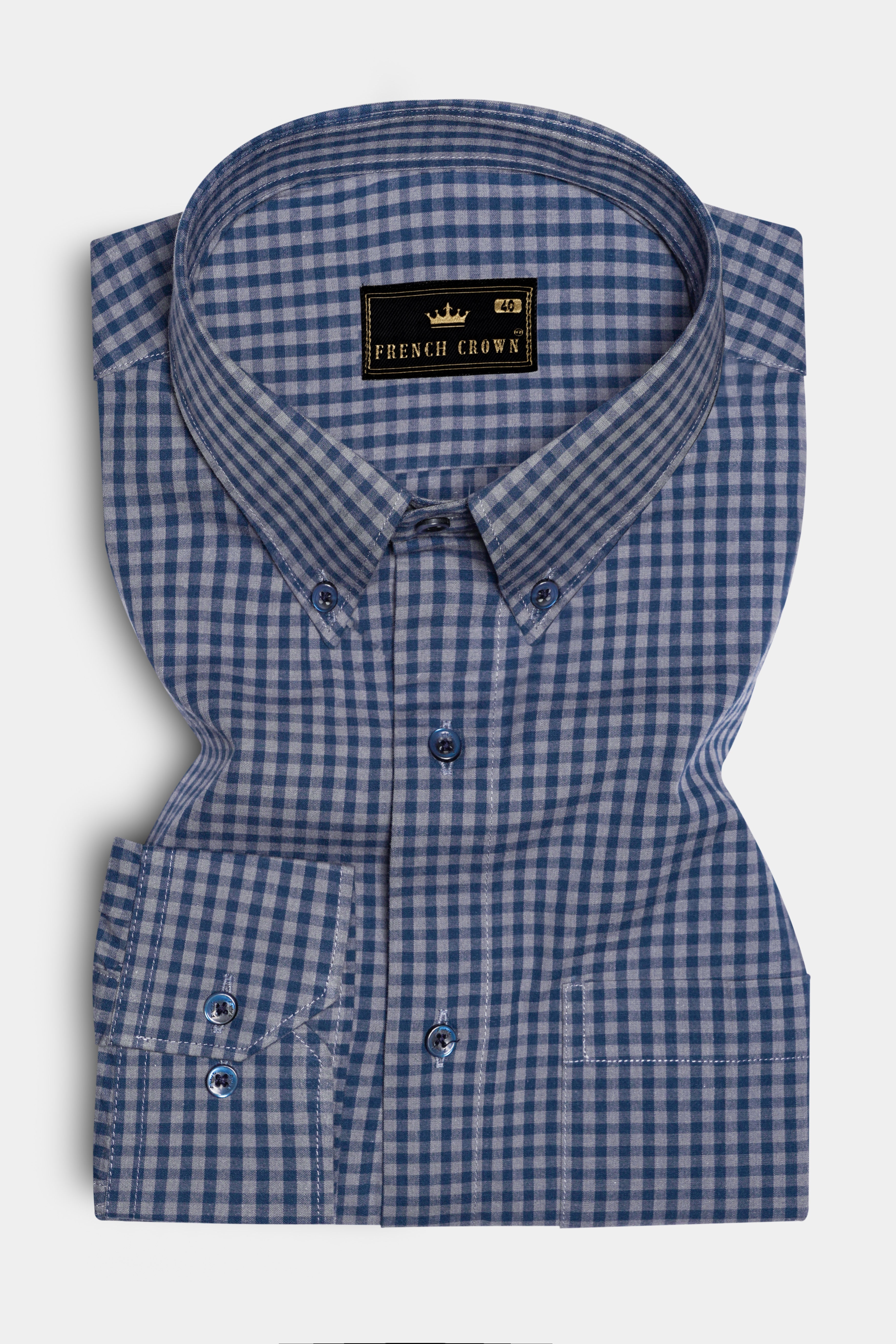 BlueHaze-Fiord And Dusty Gray Gingham Checked Premium Cotton Shirt