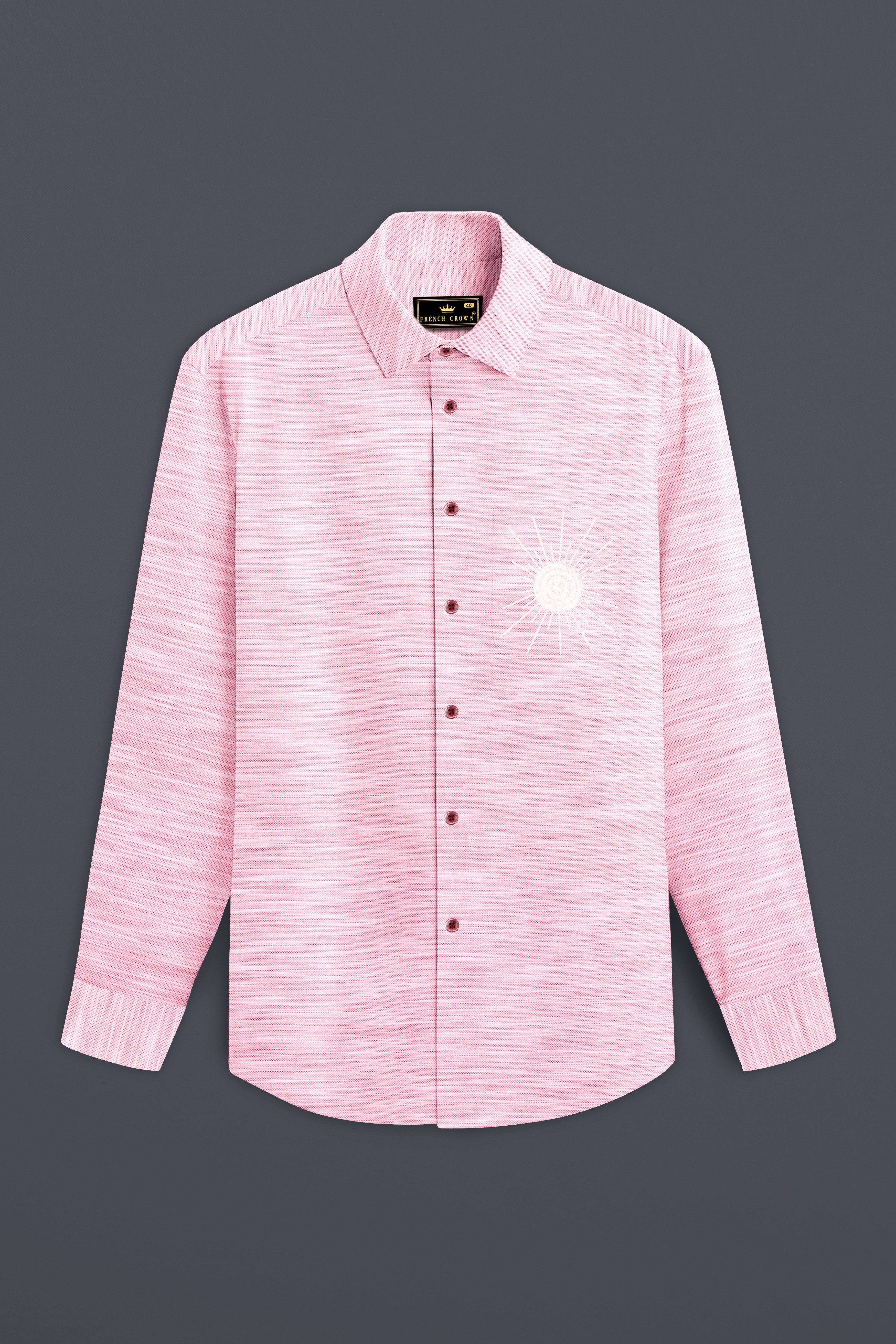 Sunrise Blush-Careys Pink Textured Chambray Premium Cotton Pocket Sun Embroidered Casual Designer Shirt