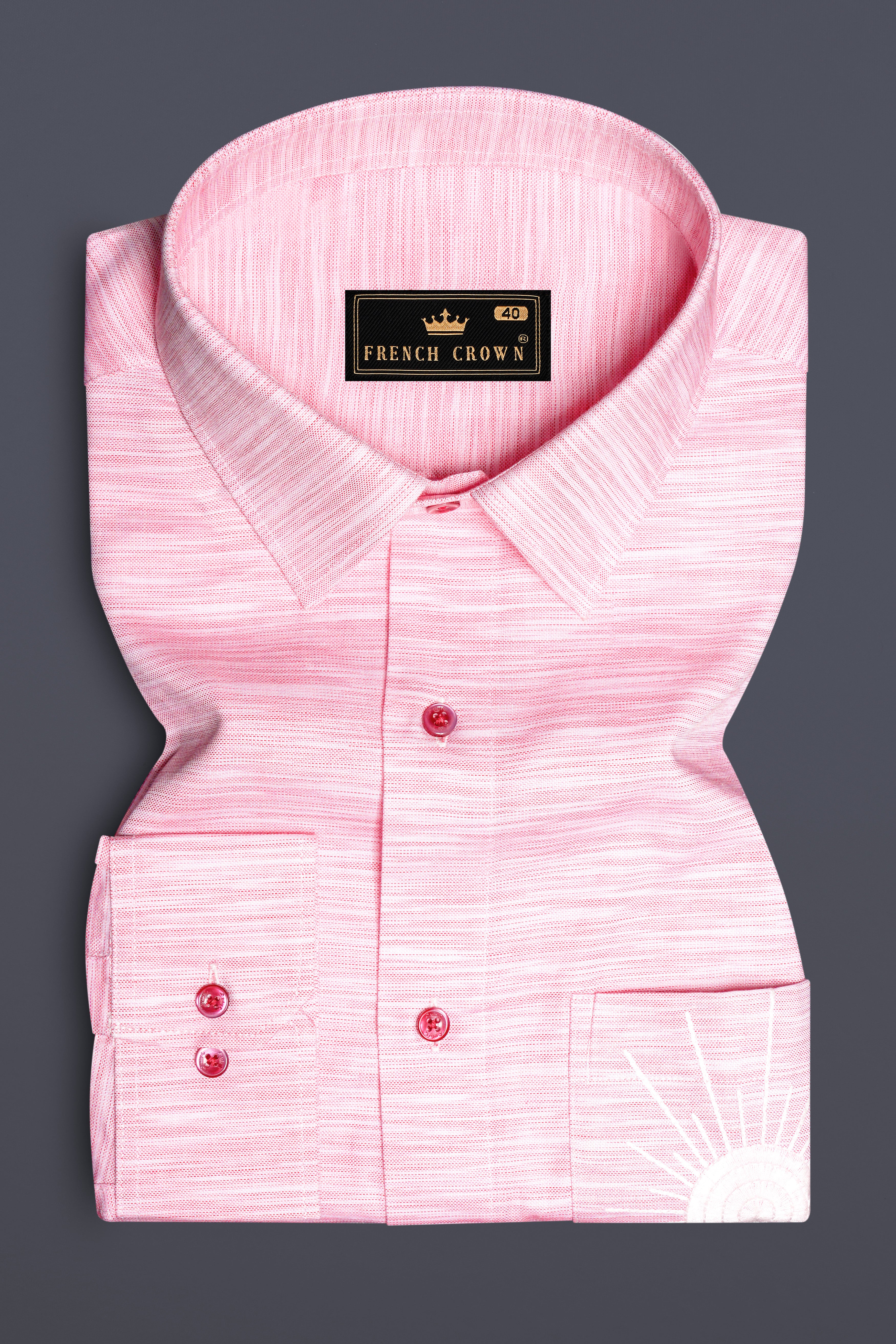 Sunrise Blush-Careys Pink Textured Chambray Premium Cotton Pocket Sun Embroidered Casual Designer Shirt