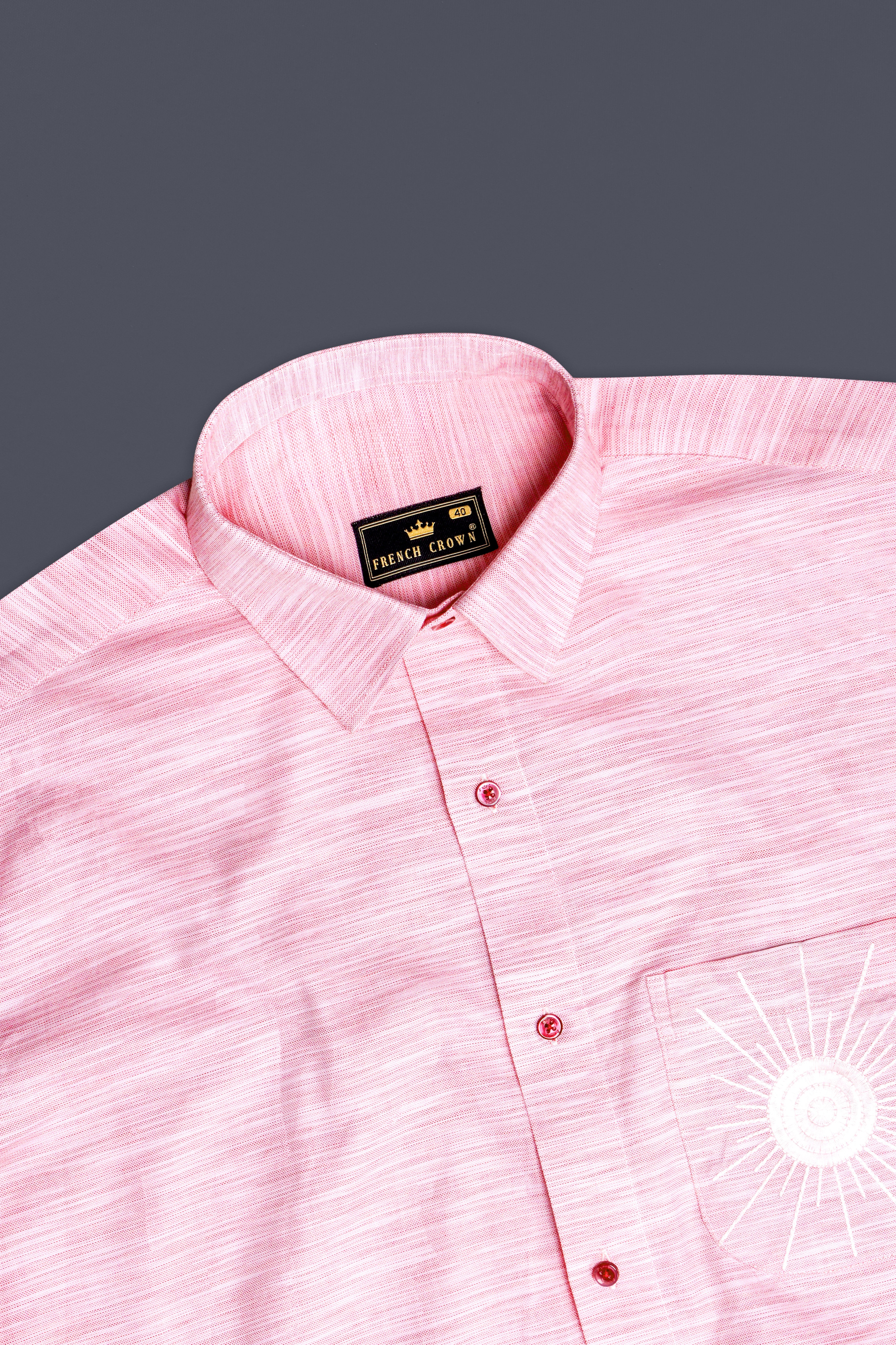 Sunrise Blush-Careys Pink Textured Chambray Premium Cotton Pocket Sun Embroidered Casual Designer Shirt