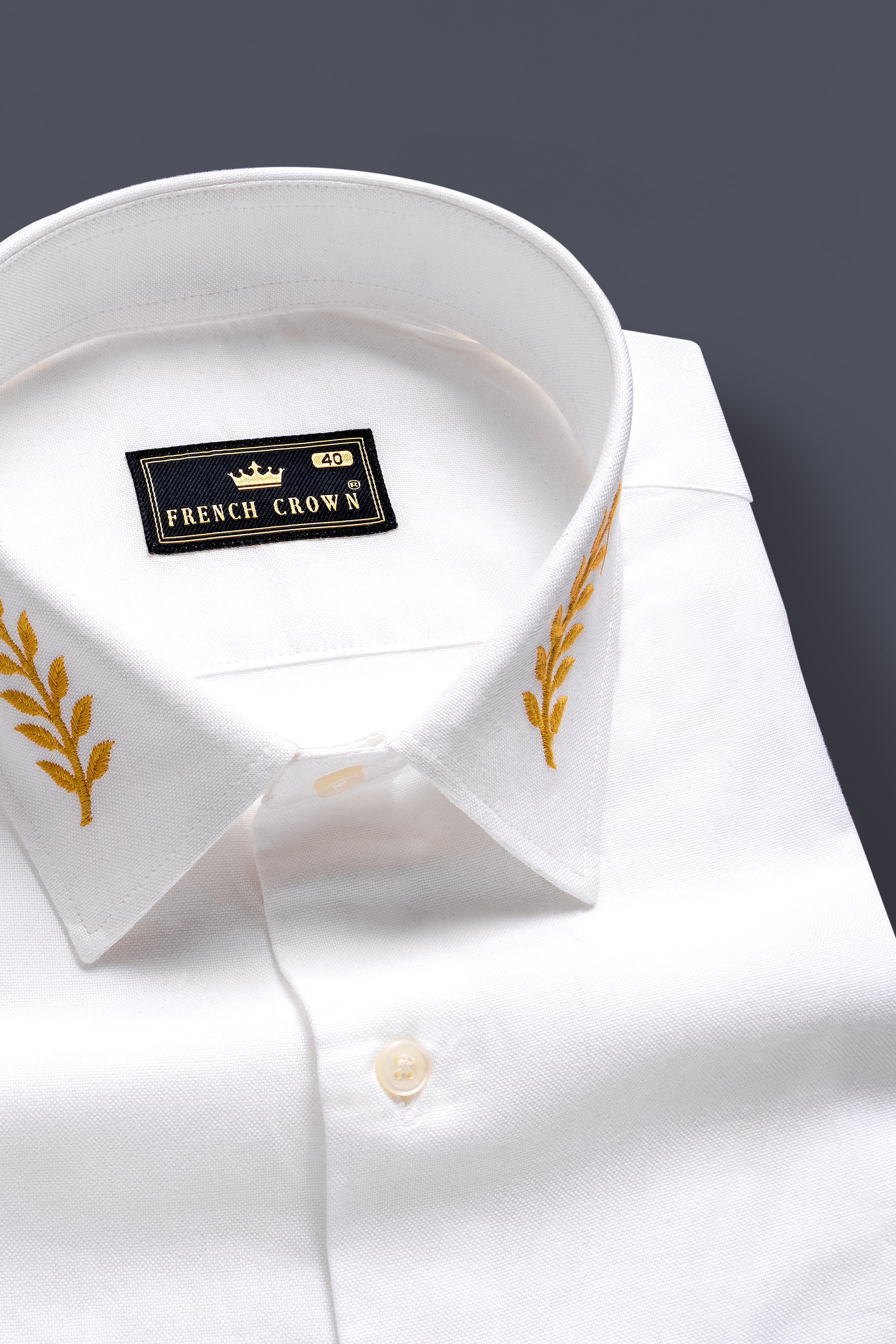 Leaf Elegance-Bright White Solid Oxford Premium Cotton Leaf  Embroidered Casual Designer Shirt