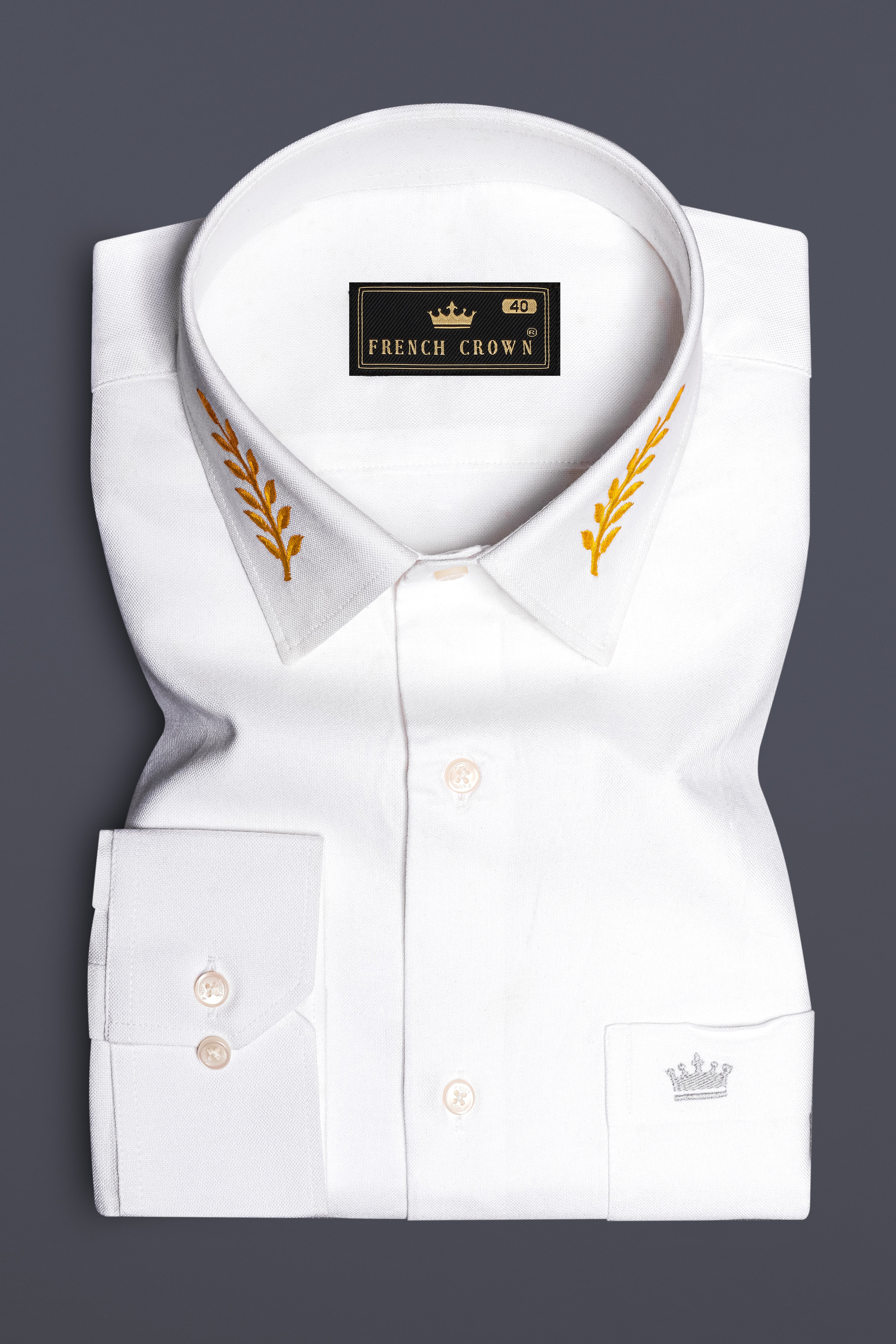 Leaf Elegance-Bright White Solid Oxford Premium Cotton Leaf  Embroidered Casual Designer Shirt