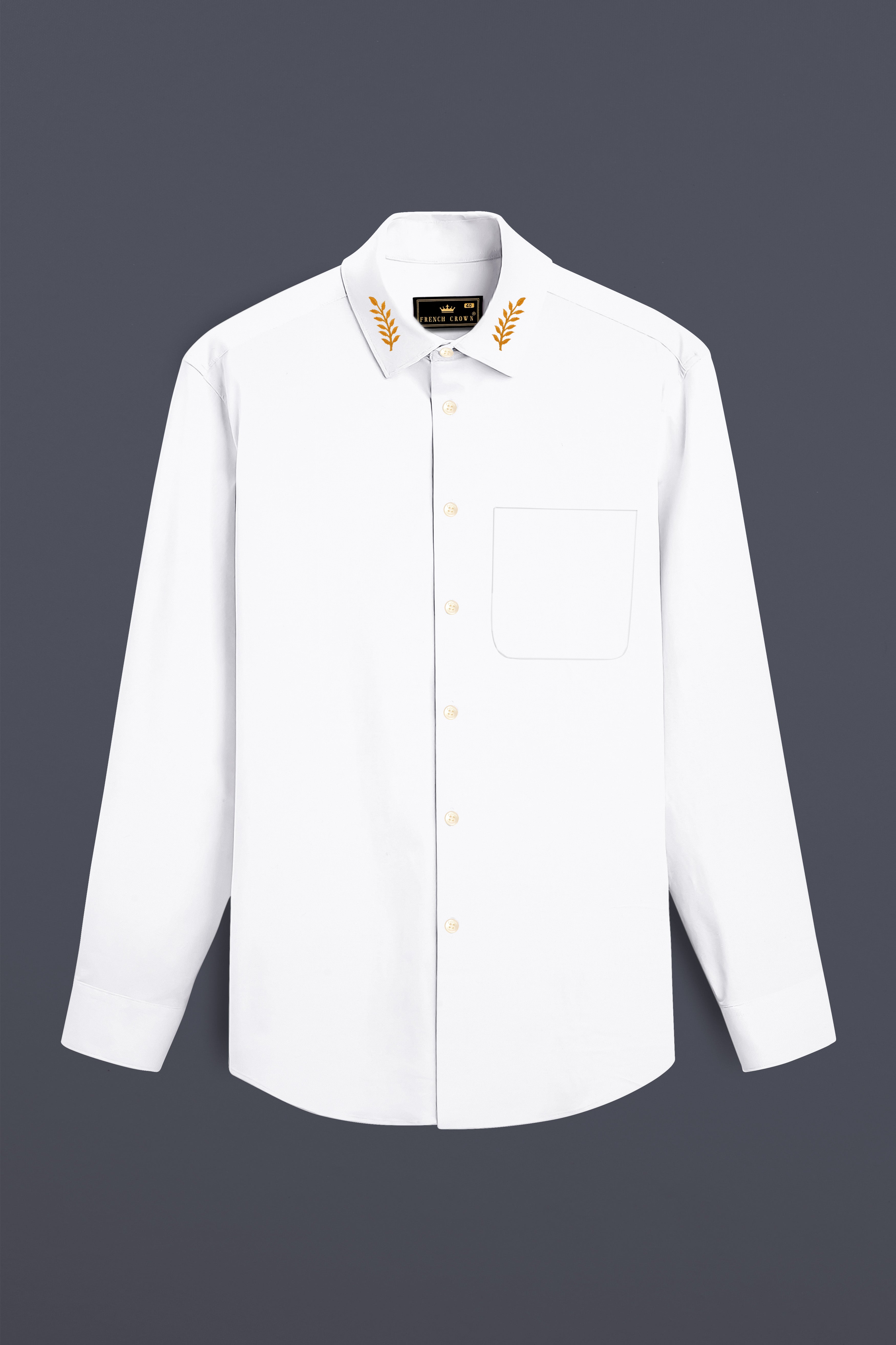 Leaf Elegance-Bright White Solid Oxford Premium Cotton Leaf  Embroidered Casual Designer Shirt