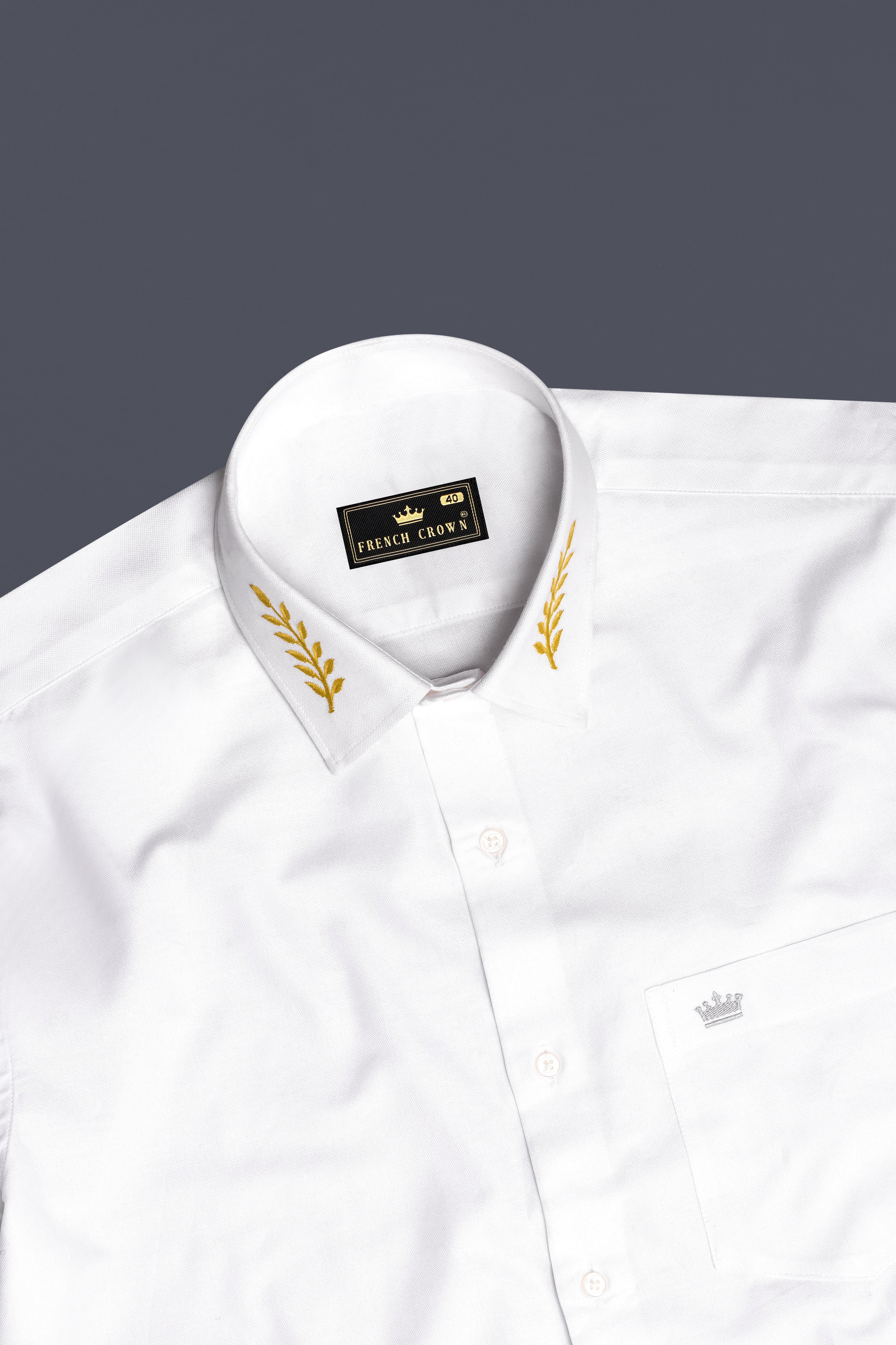 Leaf Elegance-Bright White Solid Oxford Premium Cotton Leaf  Embroidered Casual Designer Shirt