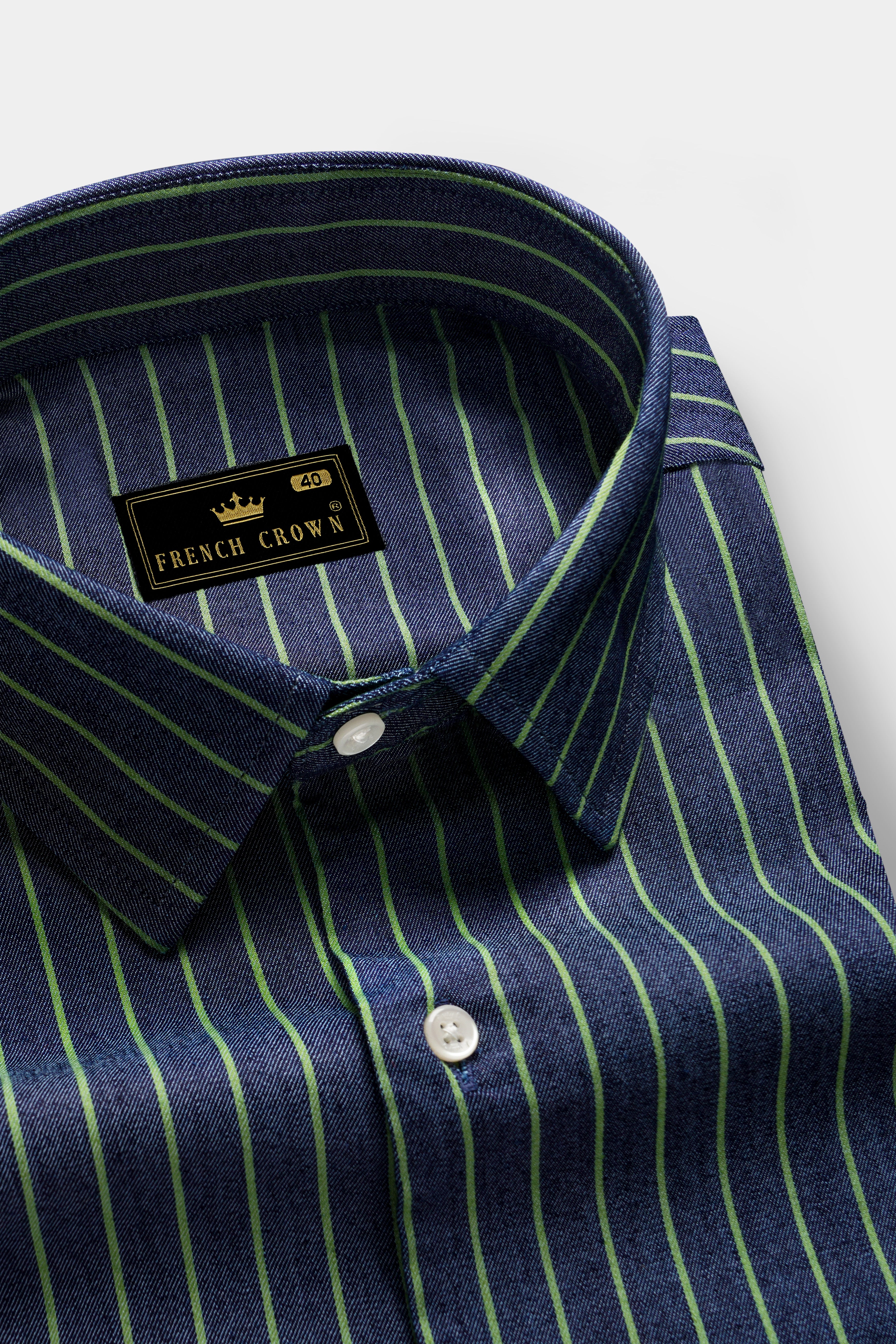 Nile Blue And Dingley Green Striped Premium Cotton Semi Dress Denim Shirt