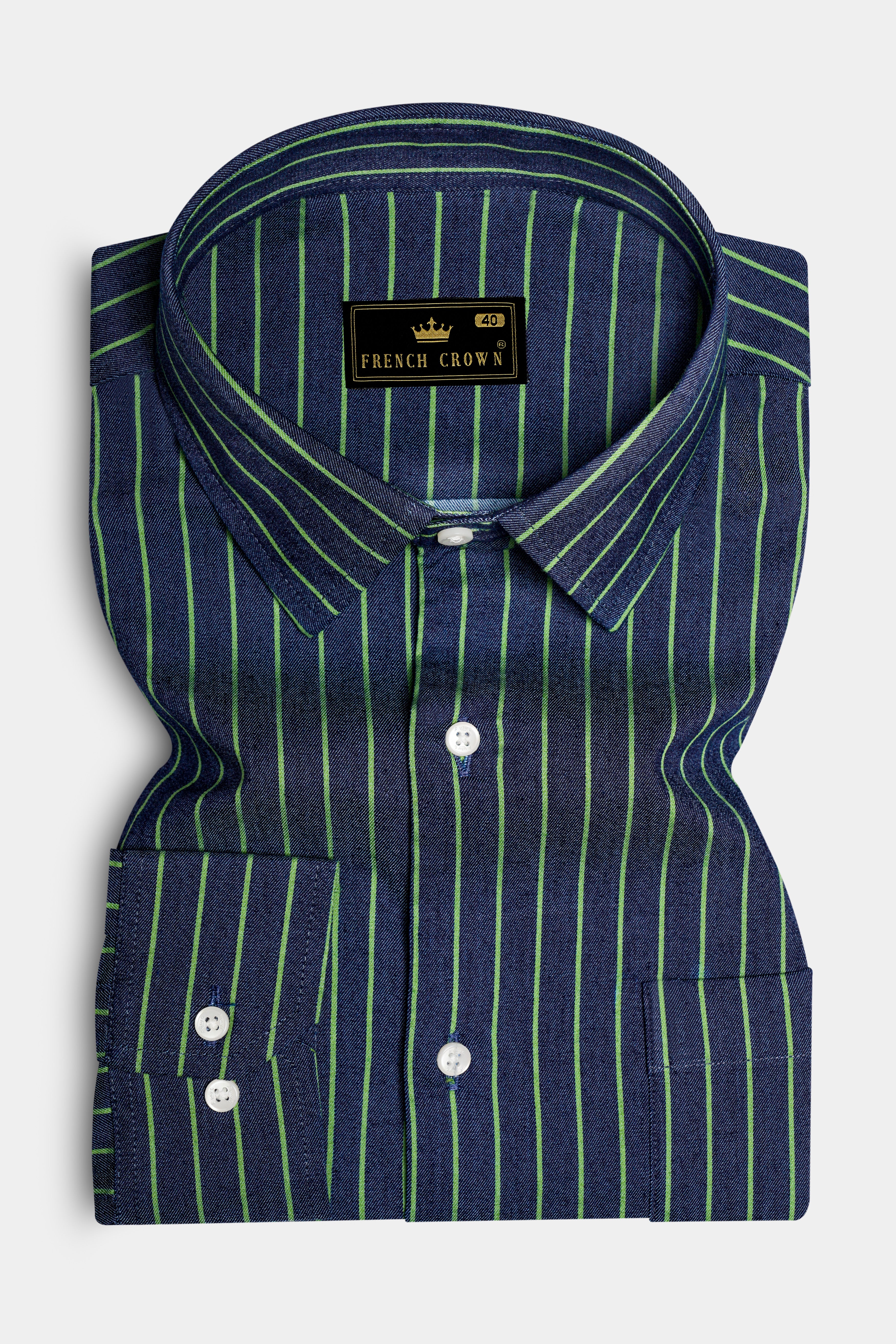 Nile Blue And Dingley Green Striped Premium Cotton Semi Dress Denim Shirt