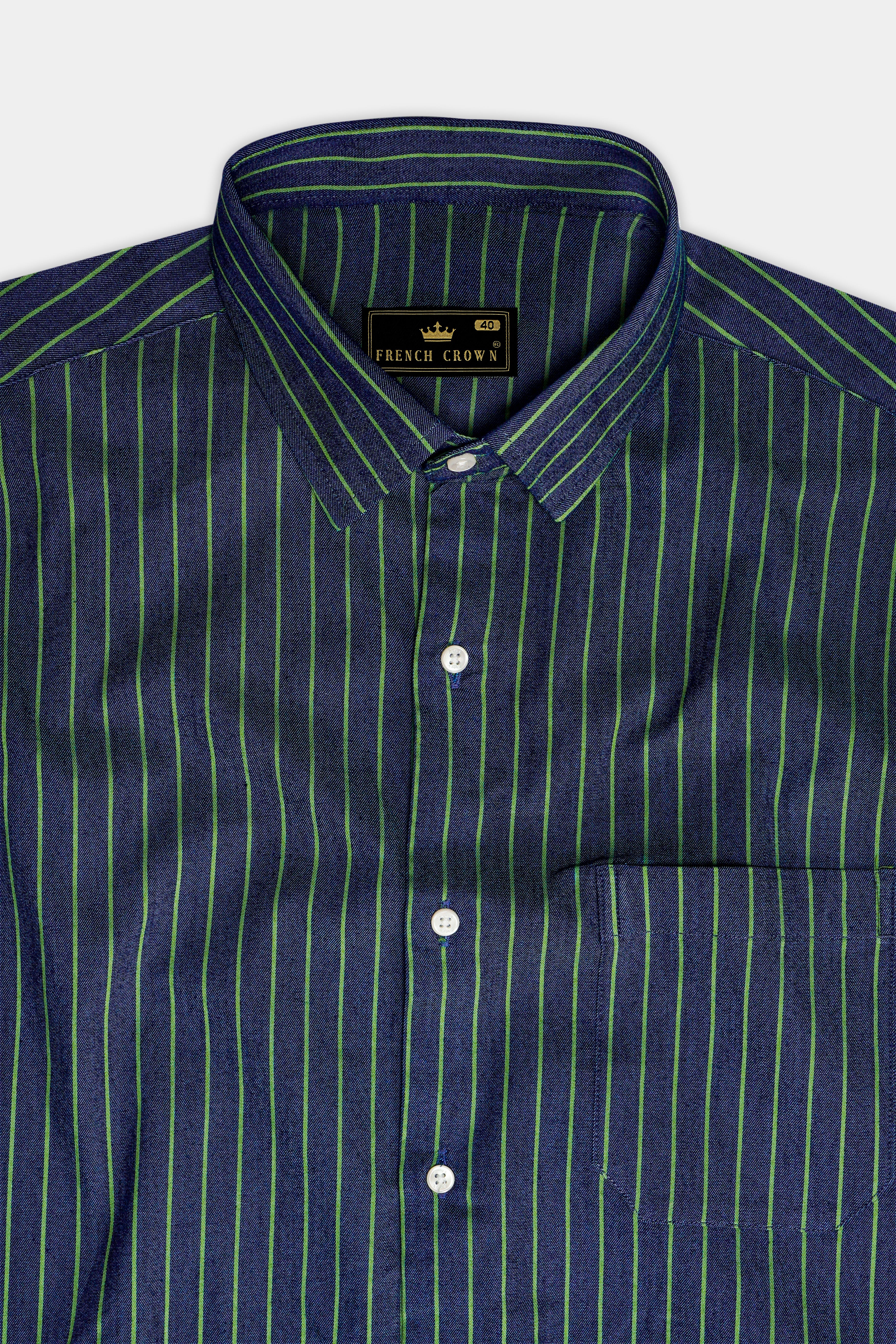 Nile Blue And Dingley Green Striped Premium Cotton Semi Dress Denim Shirt