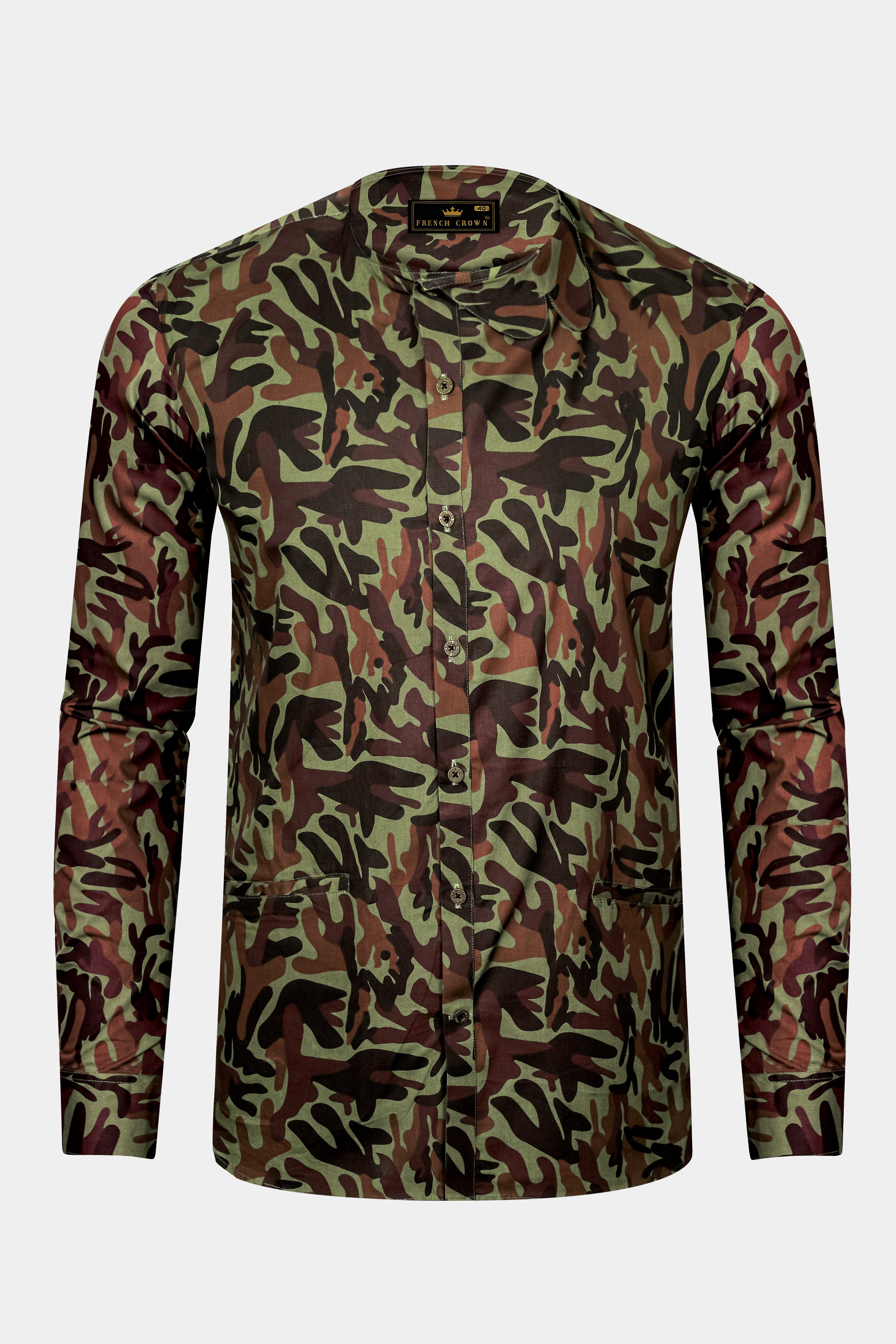 Finch Green And Taupe Brown Camouflage Printed Oxford Premium Cotton Casual Designer Shirt