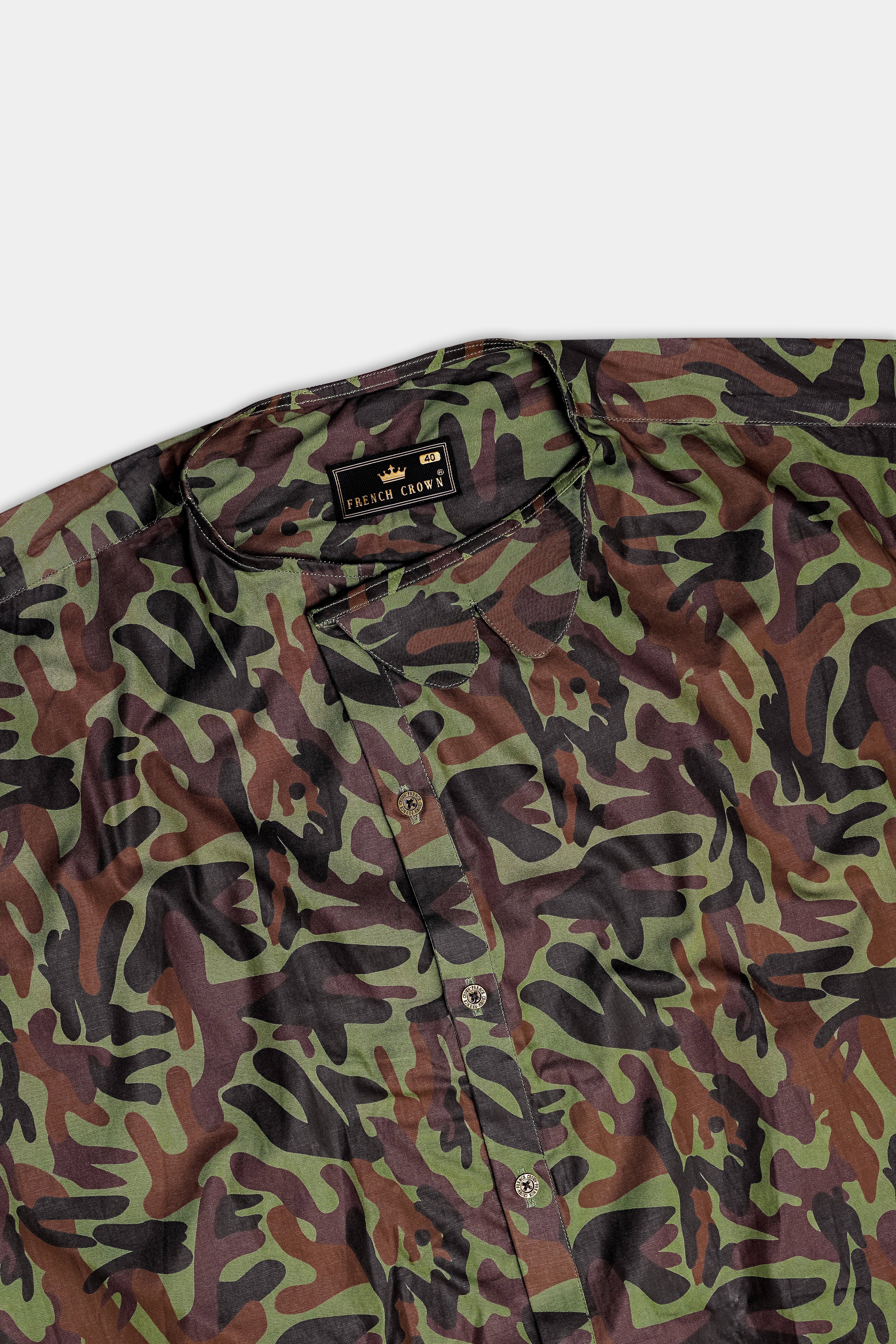 Finch Green And Taupe Brown Camouflage Printed Oxford Premium Cotton Casual Designer Shirt