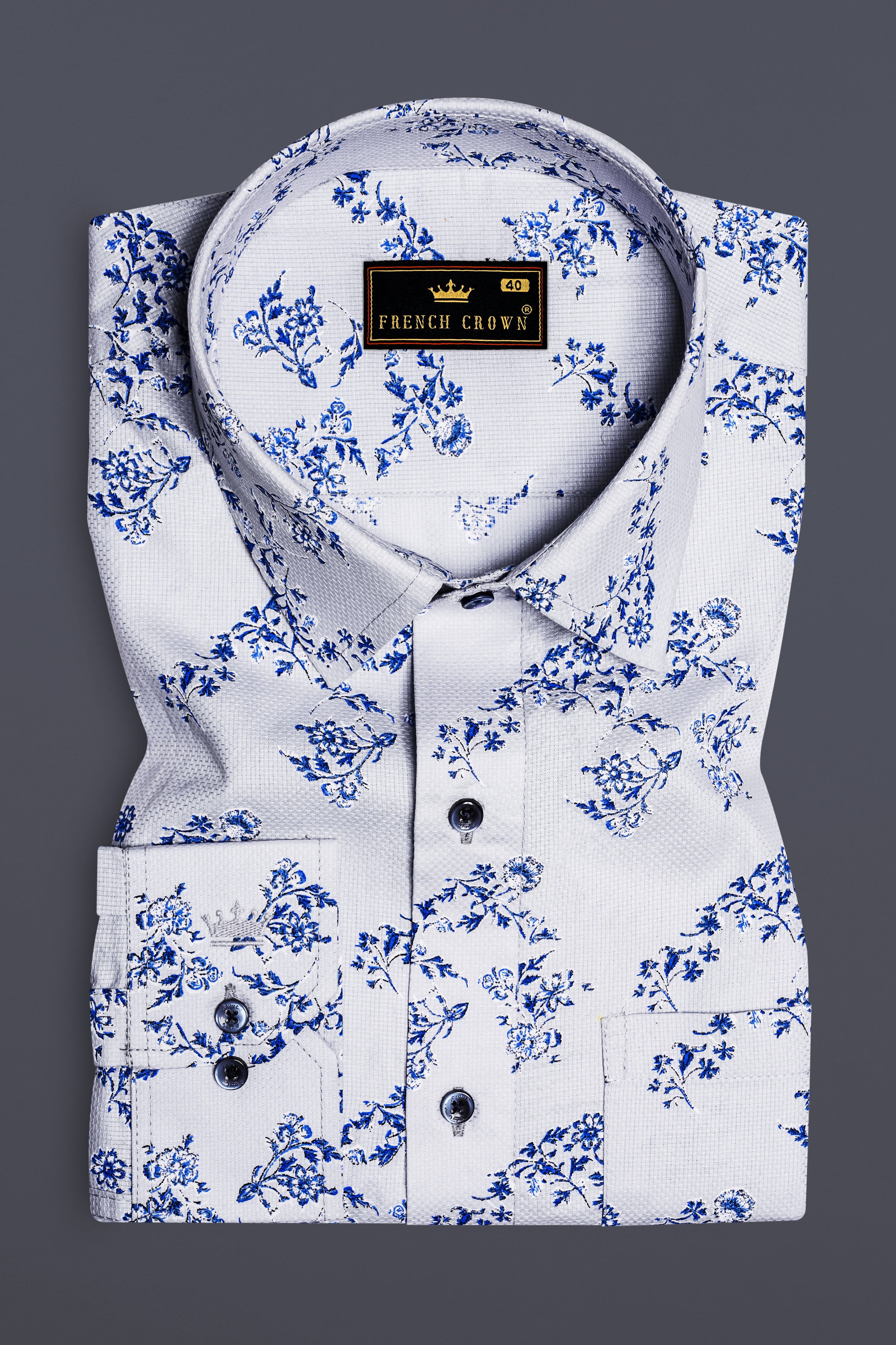 Ocean Mist-Casper Gray And Sapphire Blue Printed Dobby Textured Premium Giza Cotton Casual Shirt