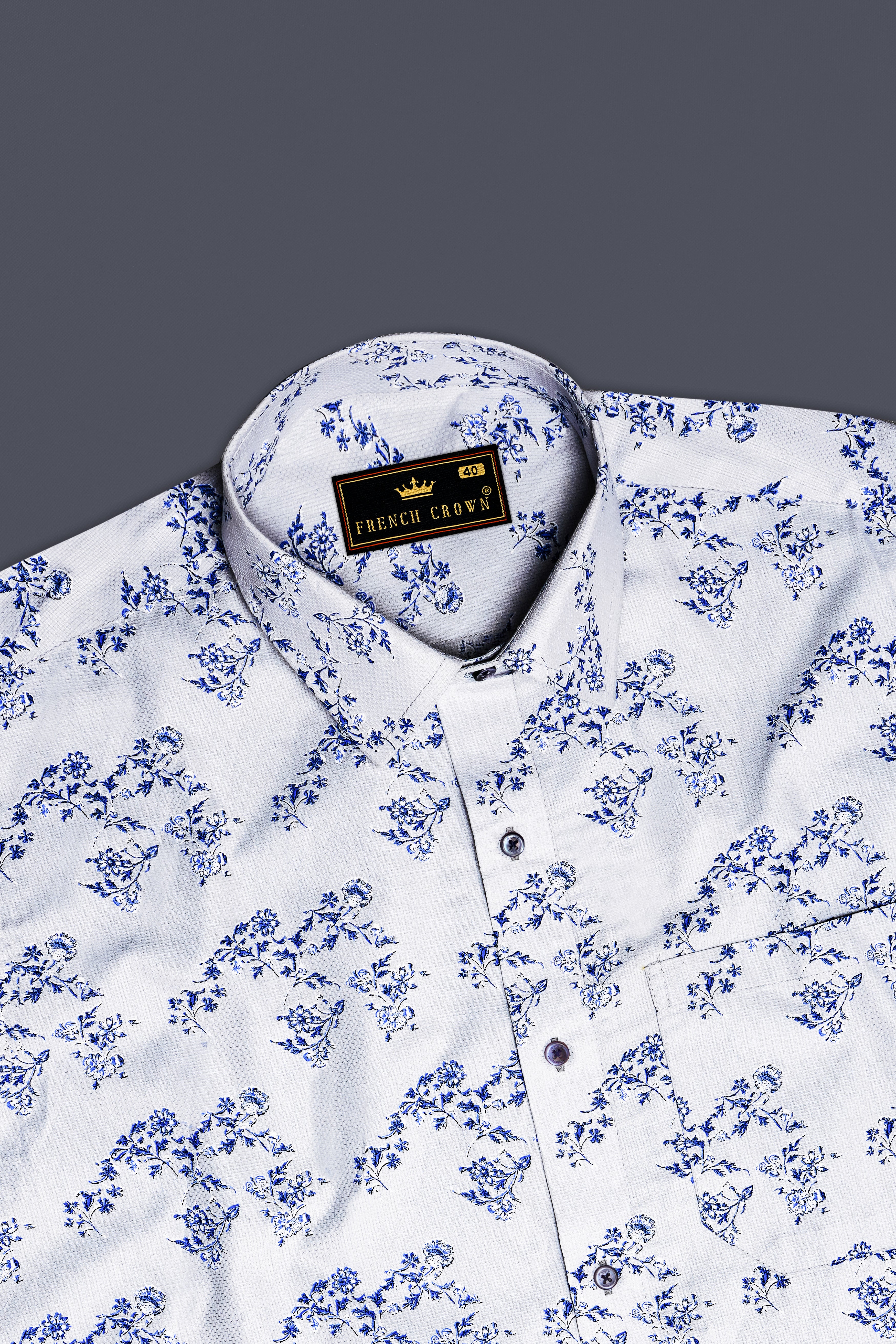 Ocean Mist-Casper Gray And Sapphire Blue Printed Dobby Textured Premium Giza Cotton Casual Shirt