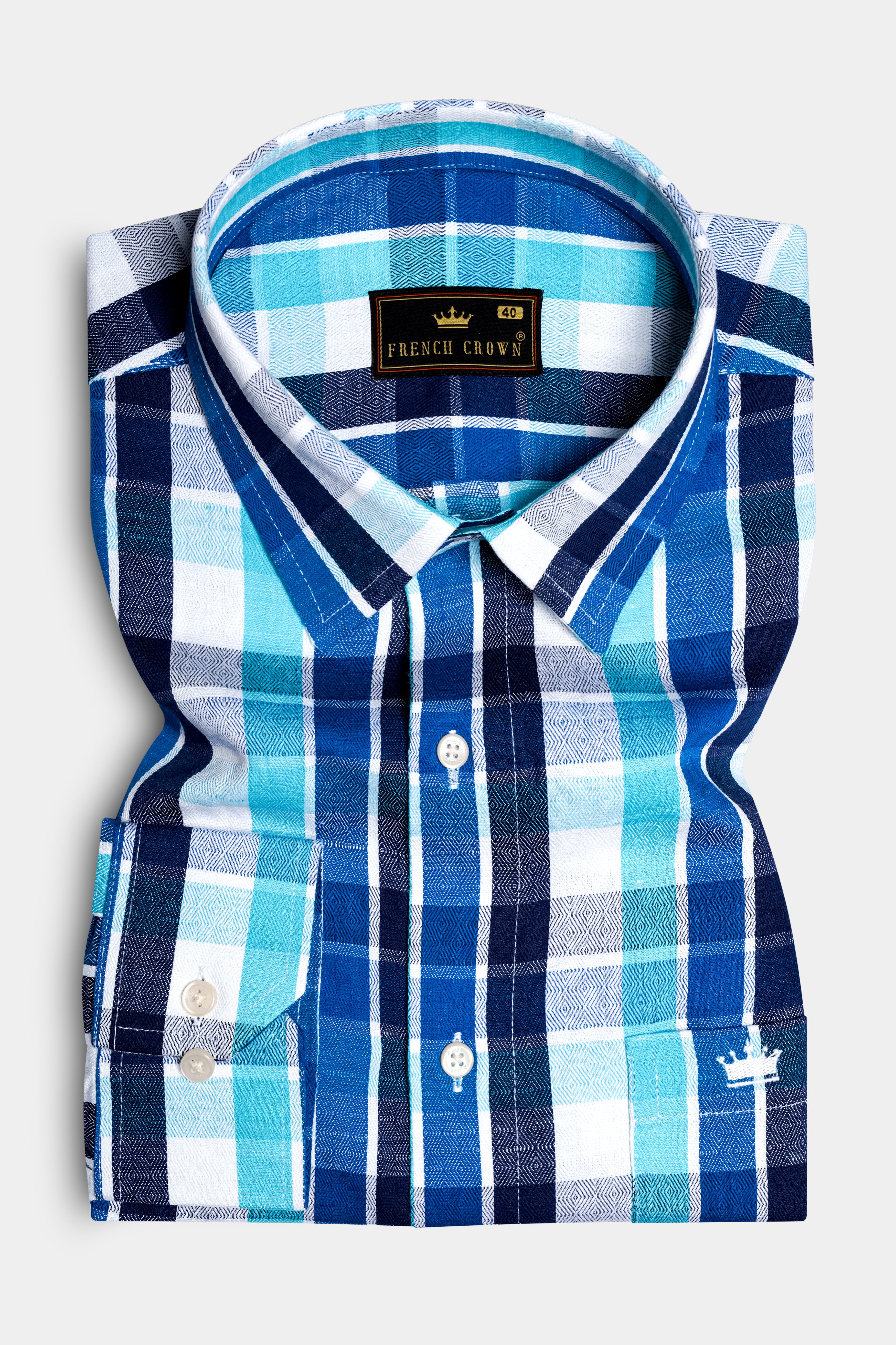 Azure-Sapphire Blue And Spray Plaid Dobby Textured Premium Giza Cotton Casual Shirt