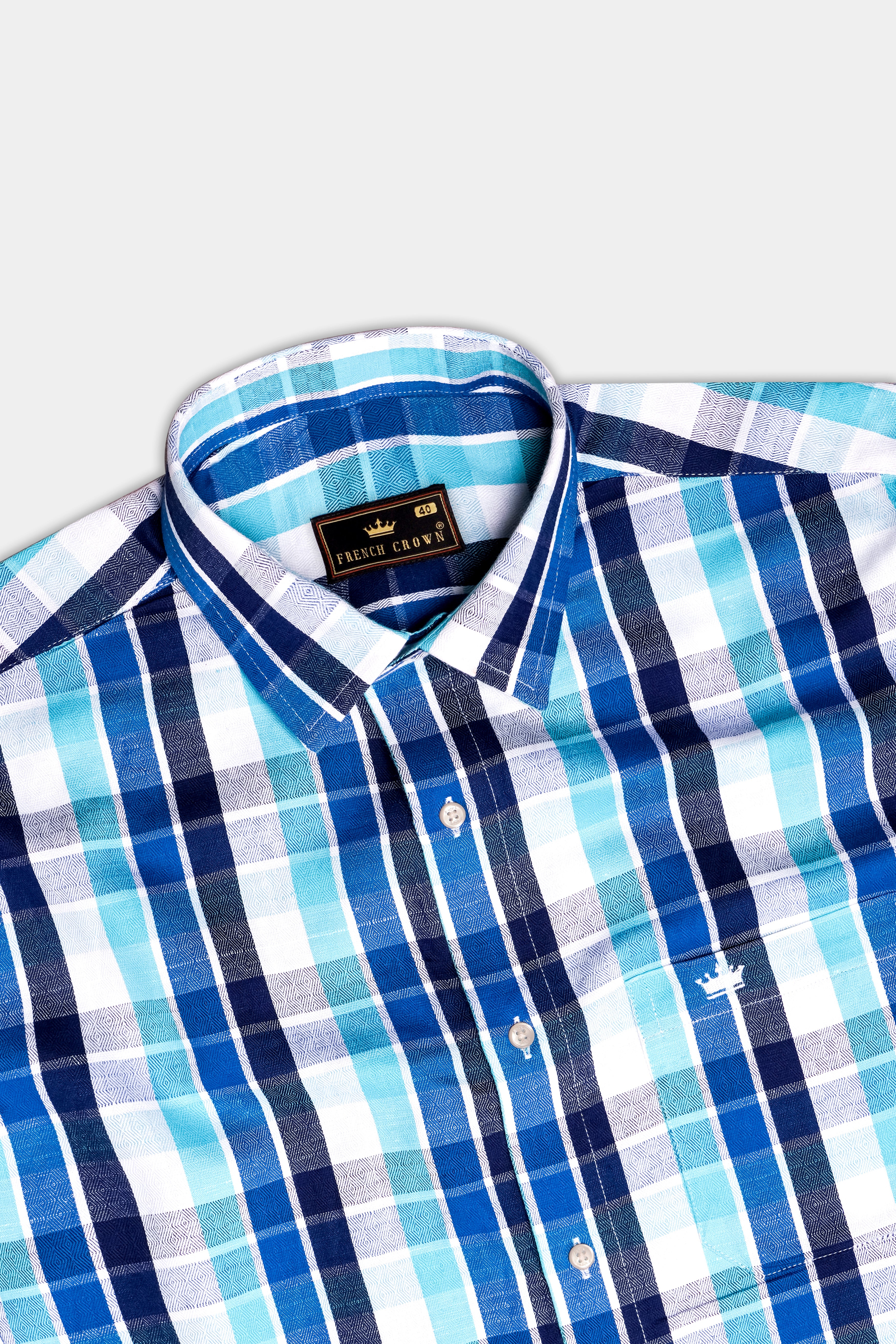 Azure-Sapphire Blue And Spray Plaid Dobby Textured Premium Giza Cotton Casual Shirt