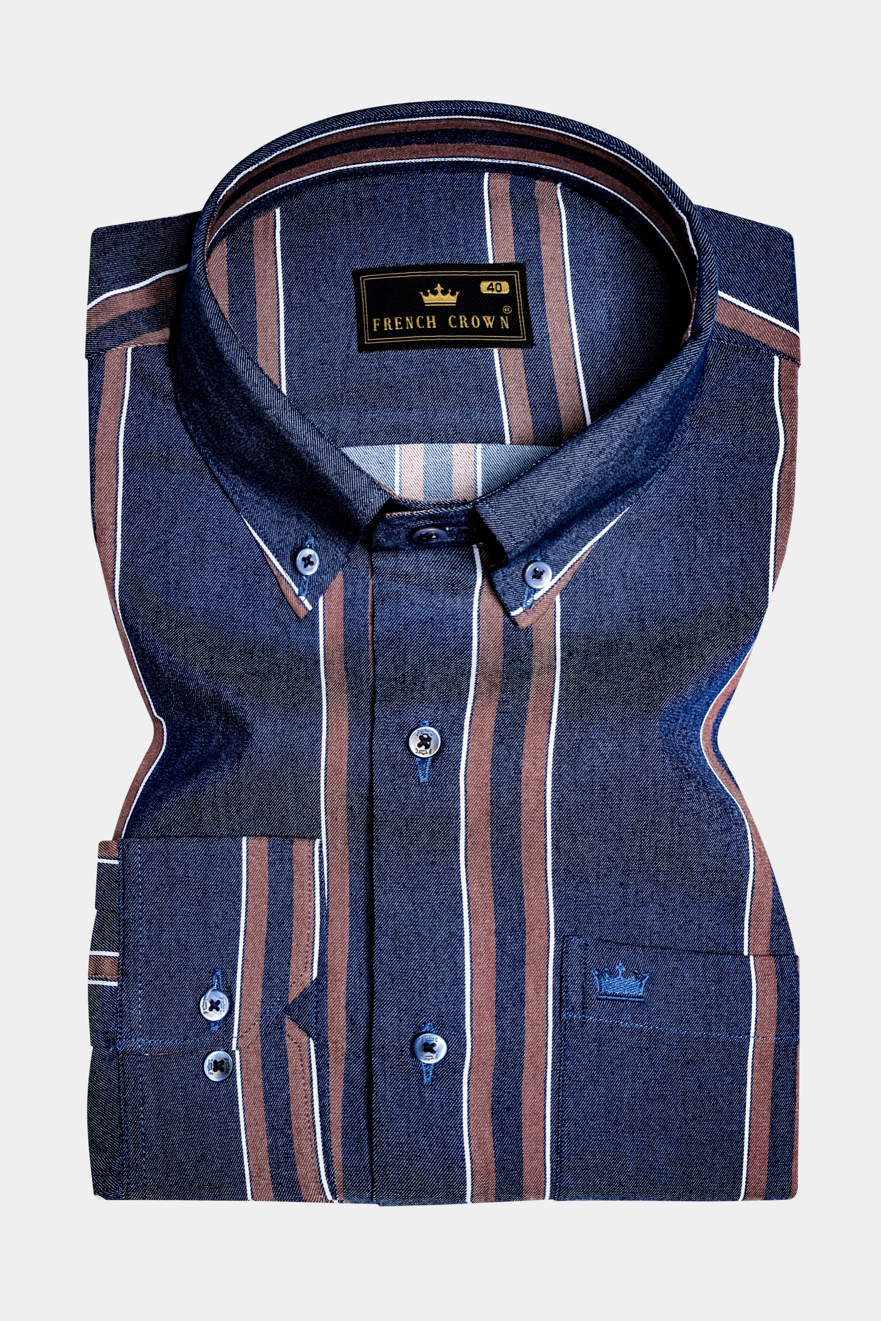 Celestial-Zodiac Blue And Russett Brown Stripes Denim Premium Cotton Casual Shirt