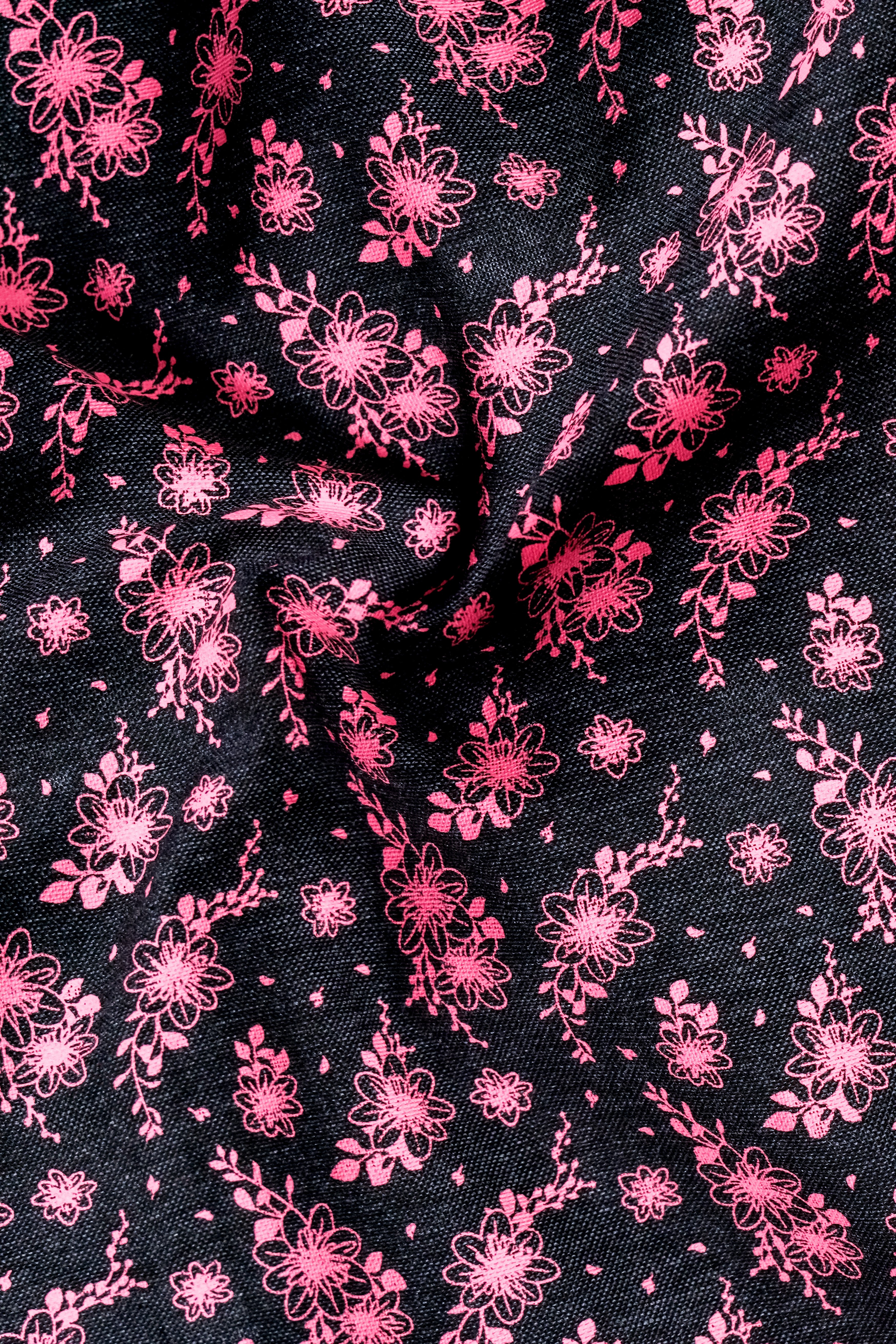 Shadow Petals-Jade Black And Carnation Pink Floral Printed Oxford Premium Cotton Casual Shirt