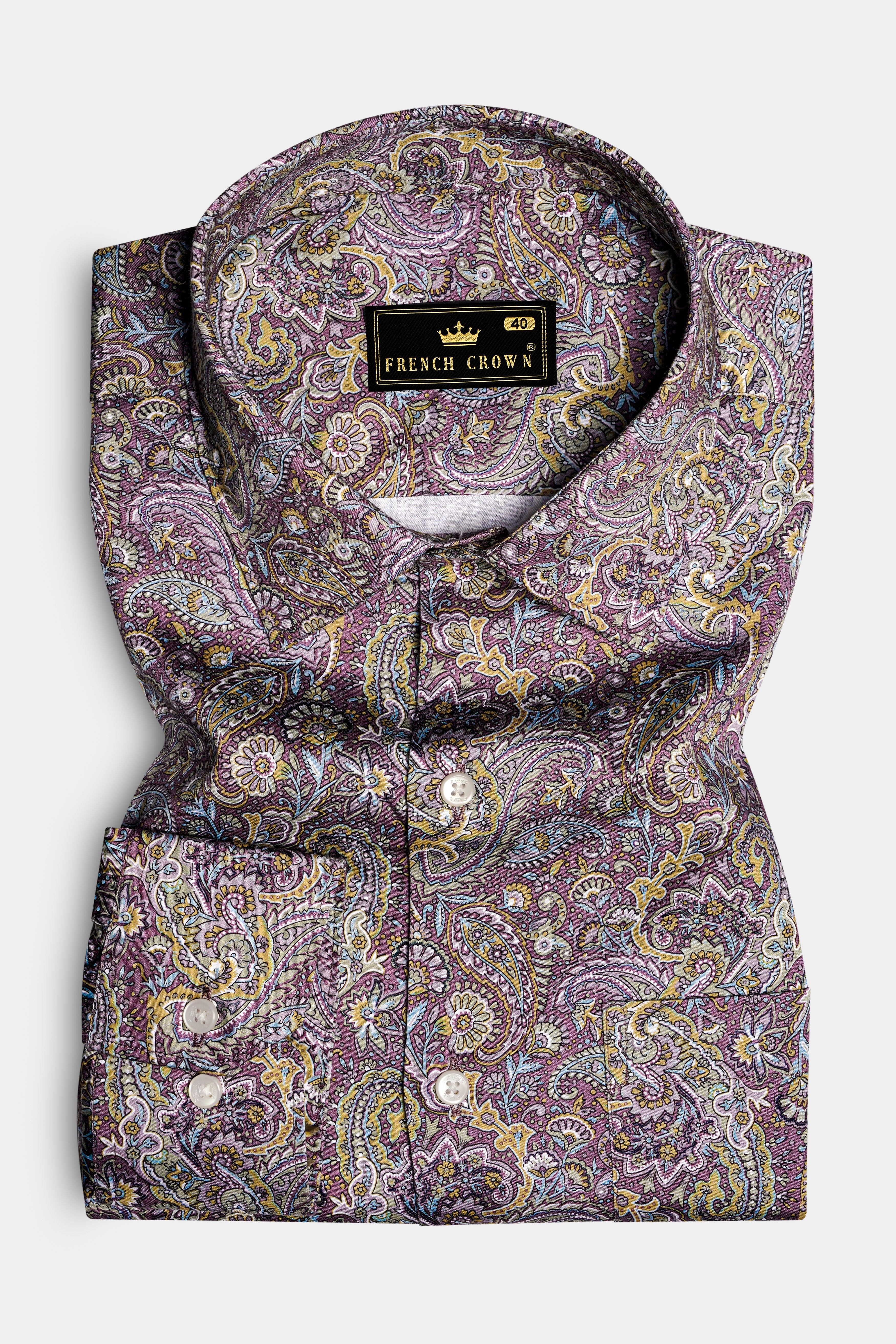 SiennaOrchid-Viola Purple And Desert Yellow Multi Color Paisley Printed Subtle Sheen Super Soft Premium Cotton Dress Shirt