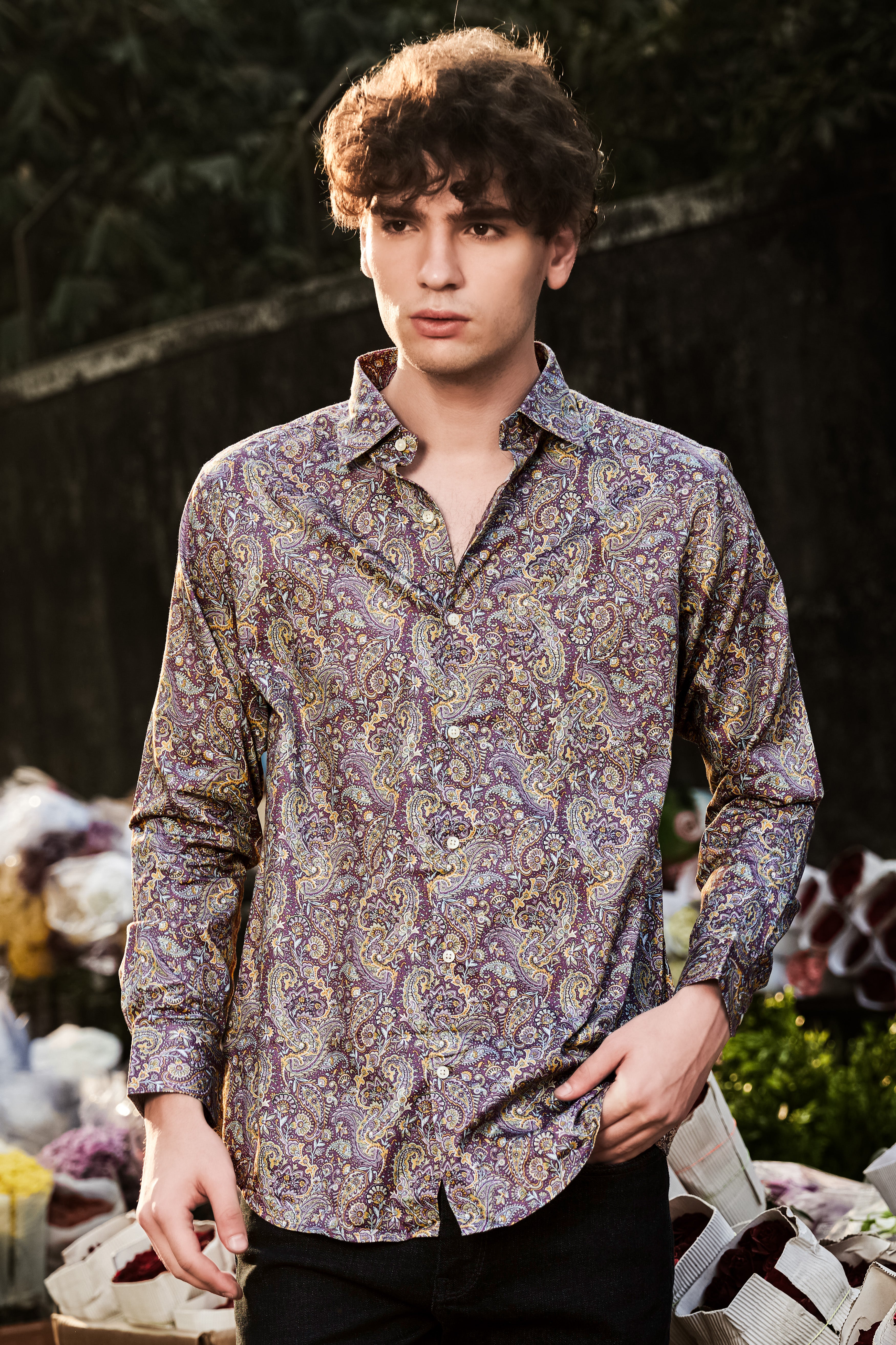 SiennaOrchid-Viola Purple And Desert Yellow Multi Color Paisley Printed Subtle Sheen Super Soft Premium Cotton Dress Shirt